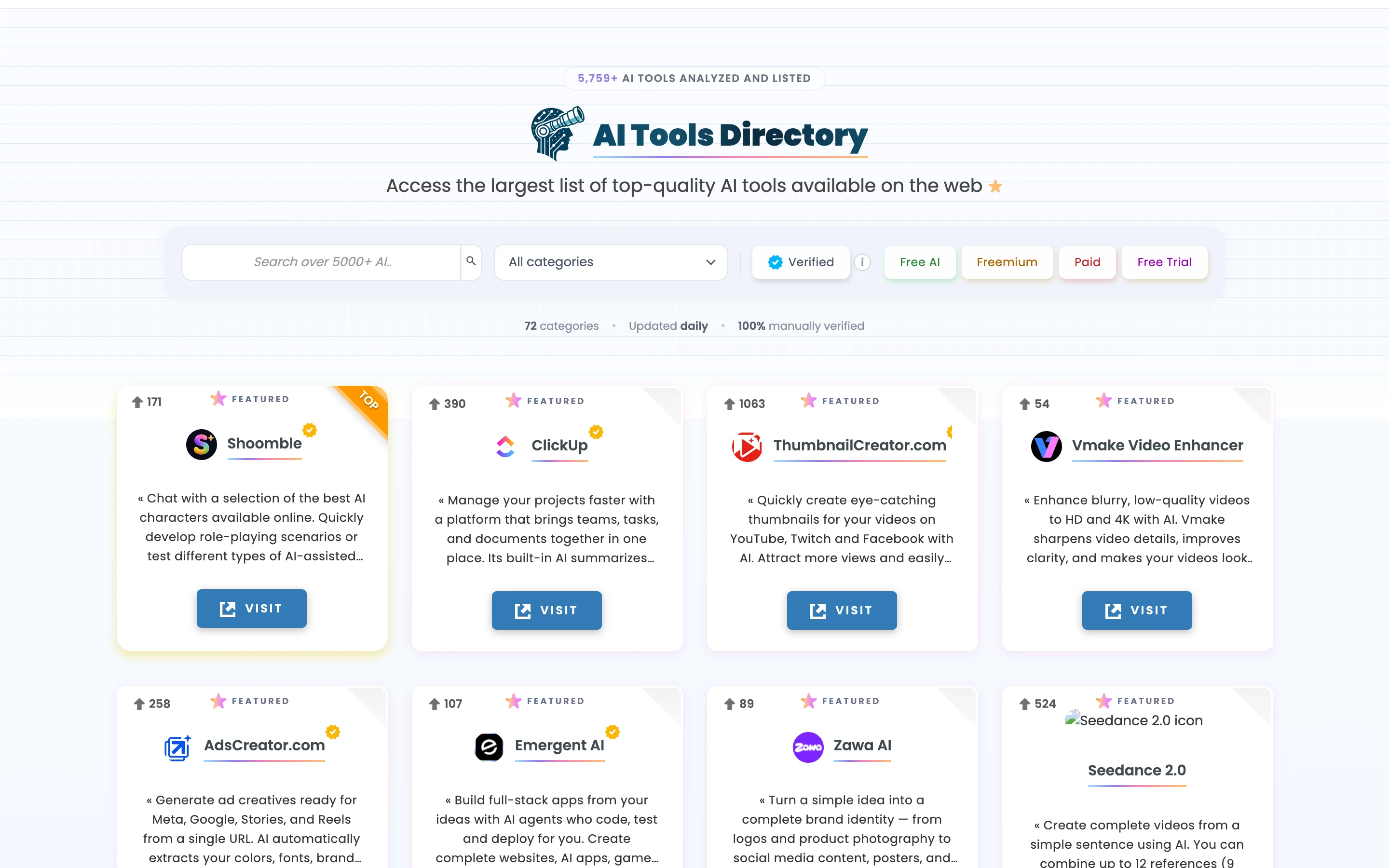 Каталог AIXPLORIA: строка поиска по ИИ-инструментам, фильтры Free AI, Freemium, Paid, Free Trial и карточки нейросетей