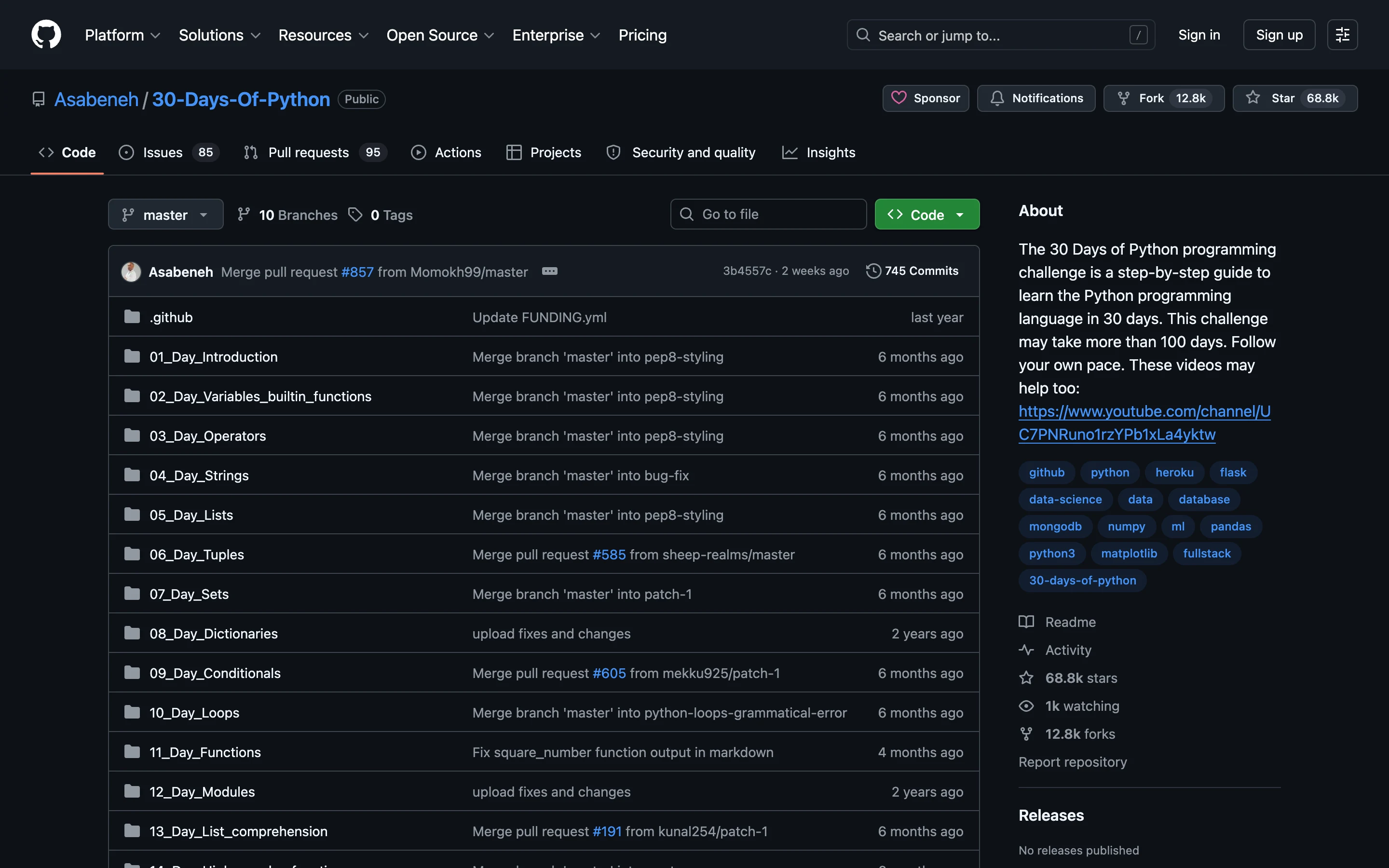 Страница репозитория 30-Days-Of-Python на GitHub: папки 01_Day, 02_Day по дням и панель About справа