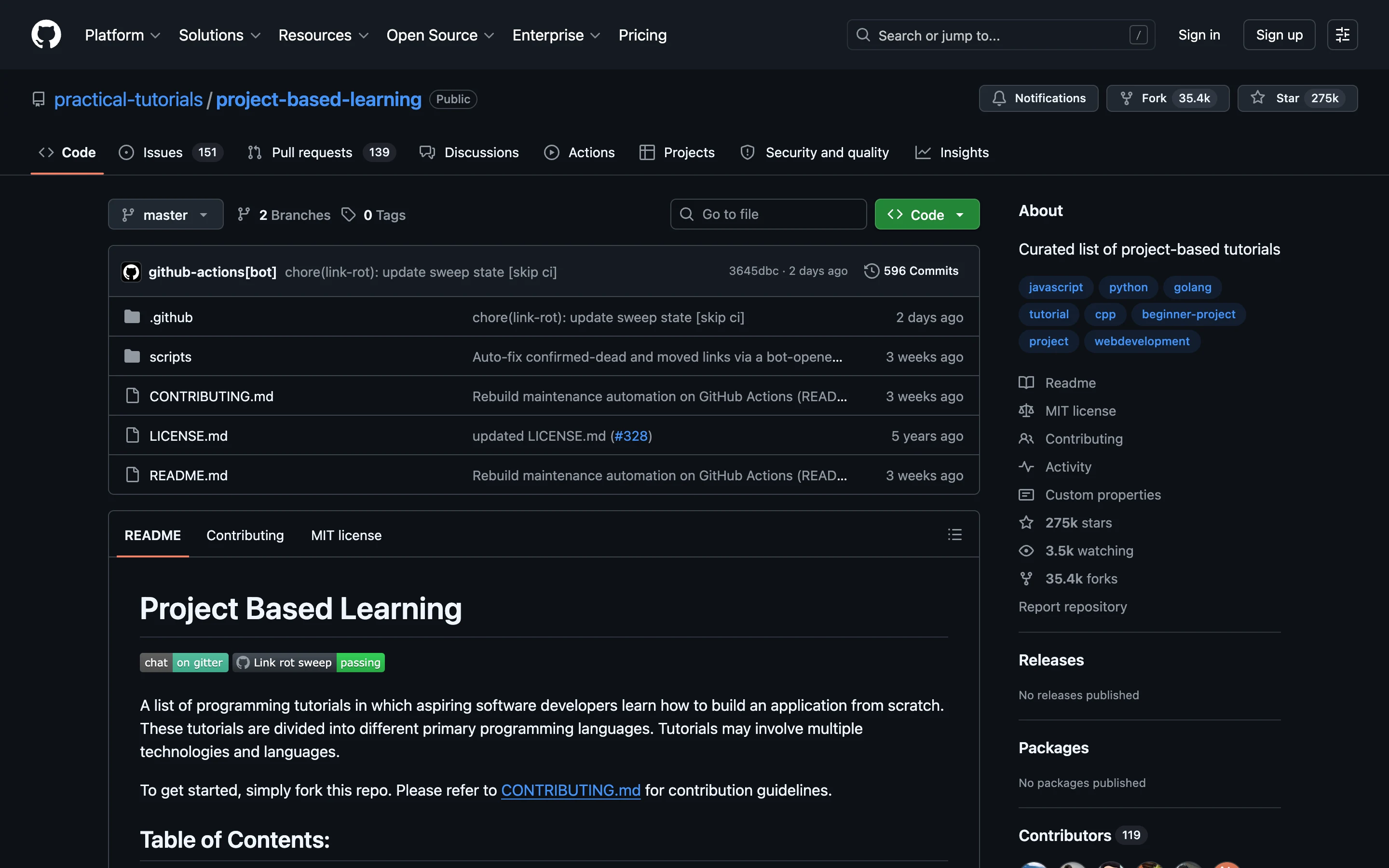 Репозиторий project-based-learning на GitHub: README с описанием и теги языков javascript, python, golang в панели About