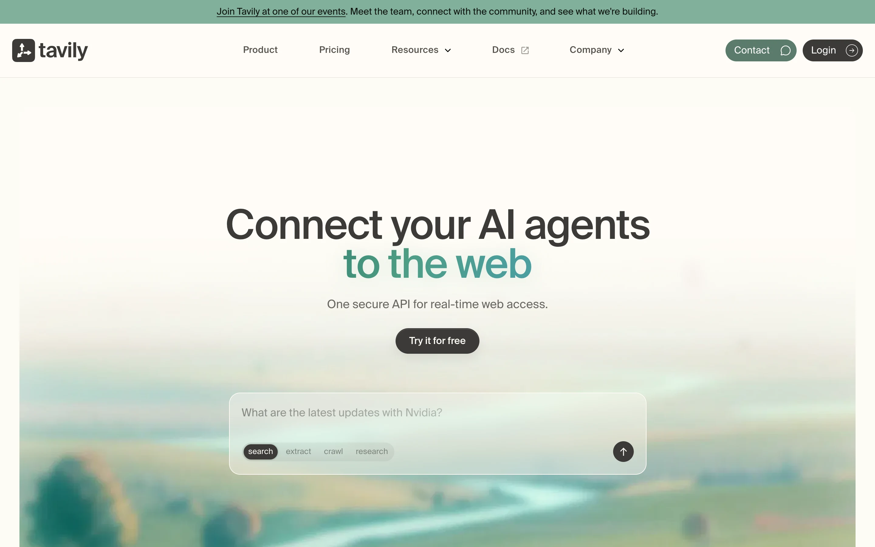 Главная страница Tavily: заголовок Connect your AI agents to the web и вкладки search, extract, crawl, research