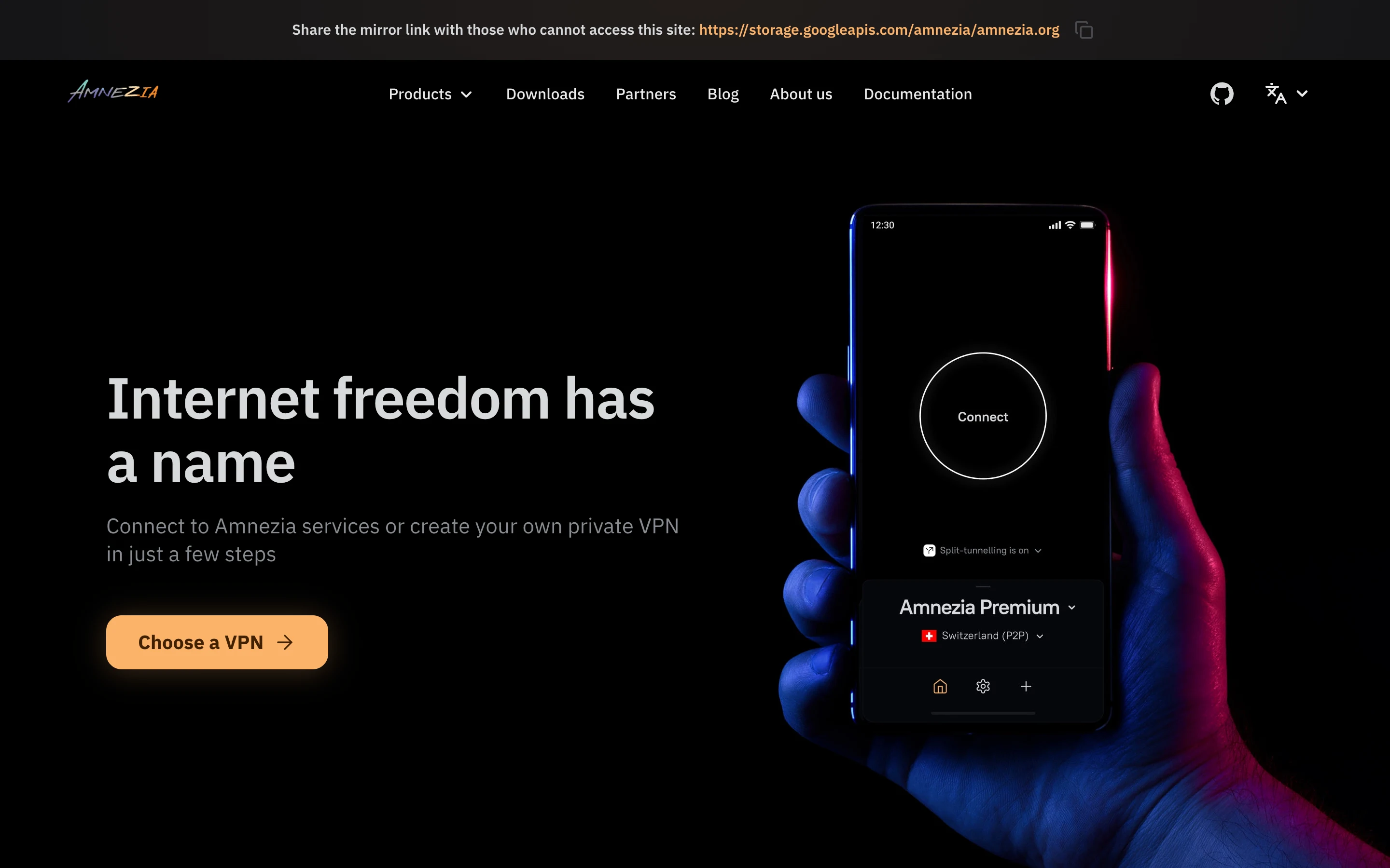 Лендинг amnezia.org: слоган Internet freedom has a name и приложение на телефоне с кнопкой Connect и включённым split-tunnelling