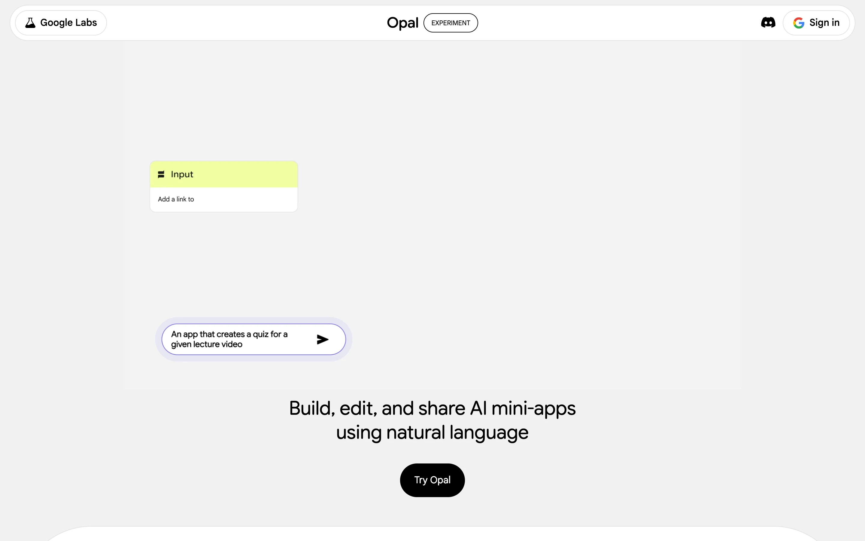 Лендинг Opal от Google Labs: узел Input, пример приложения-квиза из лекции, слоган про мини-приложения на естественном языке