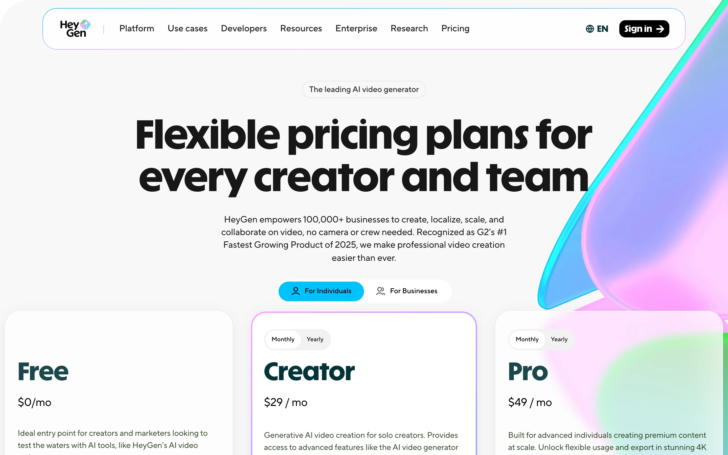 Тарифы HeyGen: Free 0 долларов, Creator 29 долларов, Pro 49 долларов в месяц