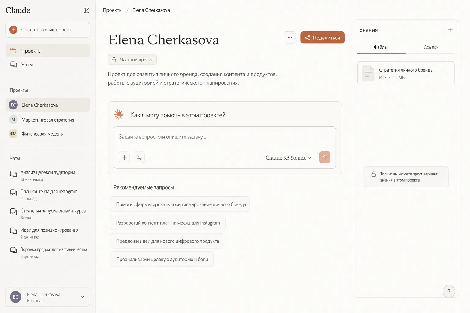 Проект в Claude с загруженным документом о бизнесе в знаниях проекта