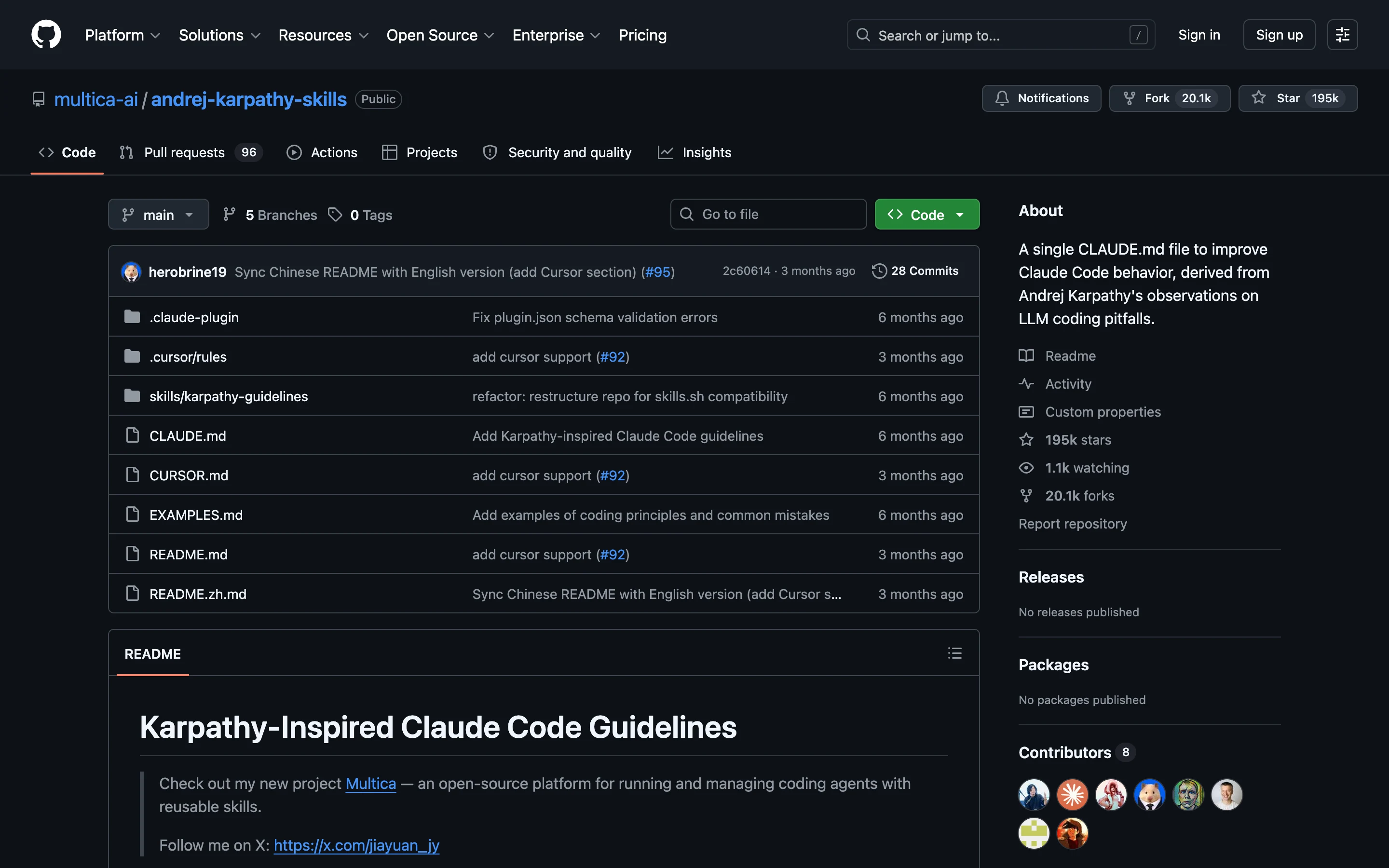 Репозиторий multica-ai/andrej-karpathy-skills на GitHub: счётчик звёзд, файлы CLAUDE.md, CURSOR.md, EXAMPLES.md