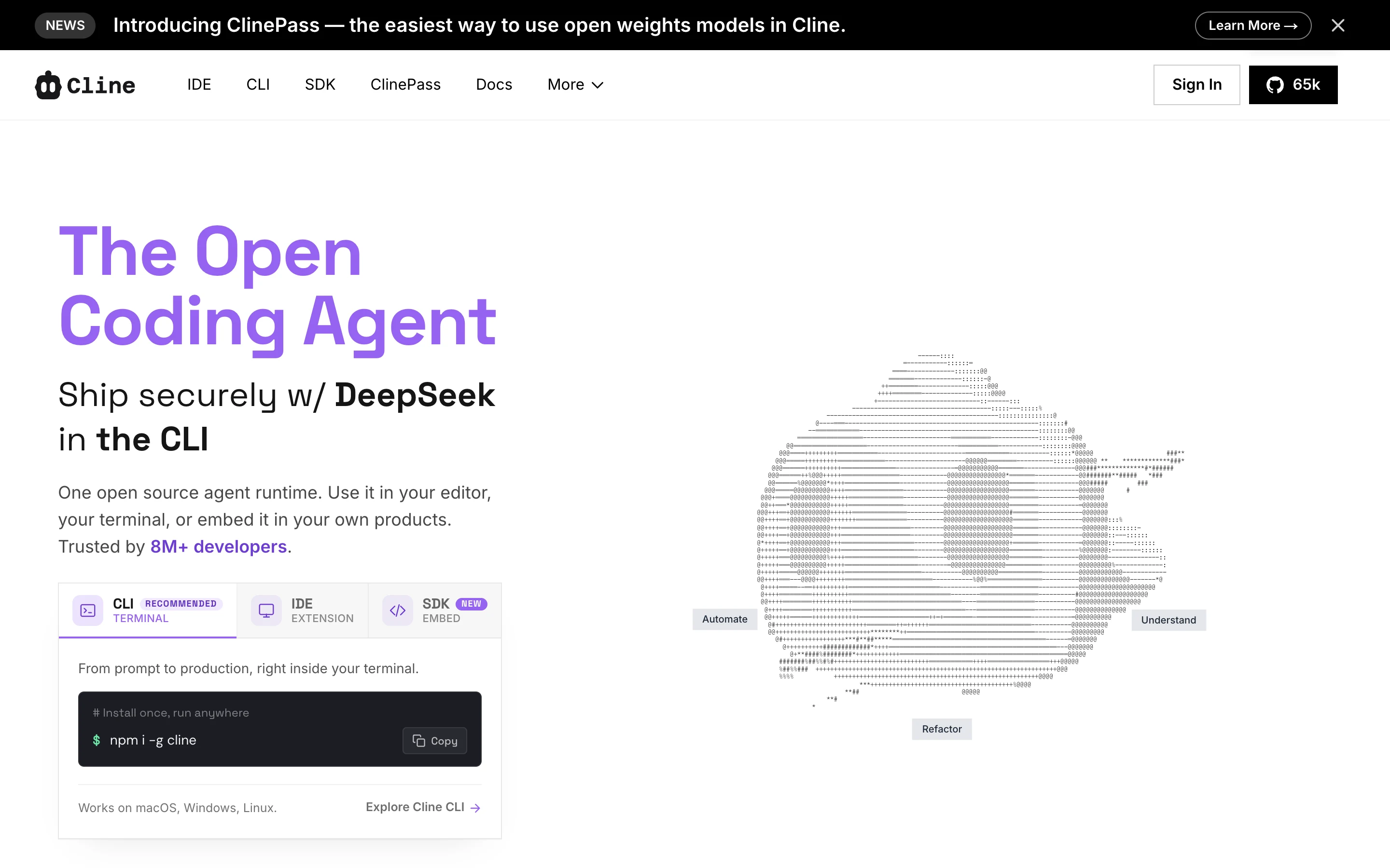 Лендинг cline.bot: The Open Coding Agent, установка одной командой, работа в редакторе, терминале и через SDK