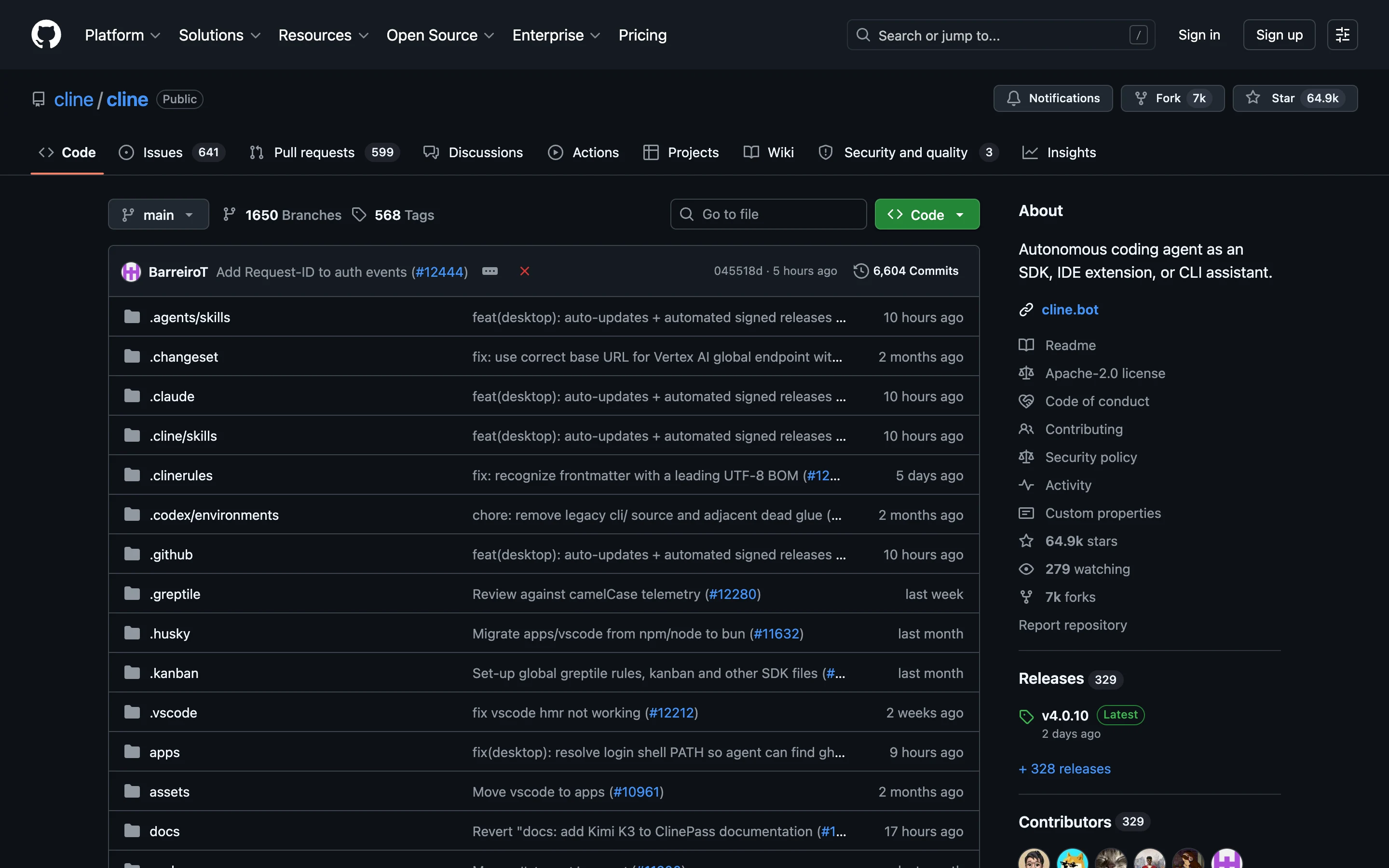 Репозиторий cline/cline на GitHub: 64,9 тысяч звёзд, лицензия Apache-2.0