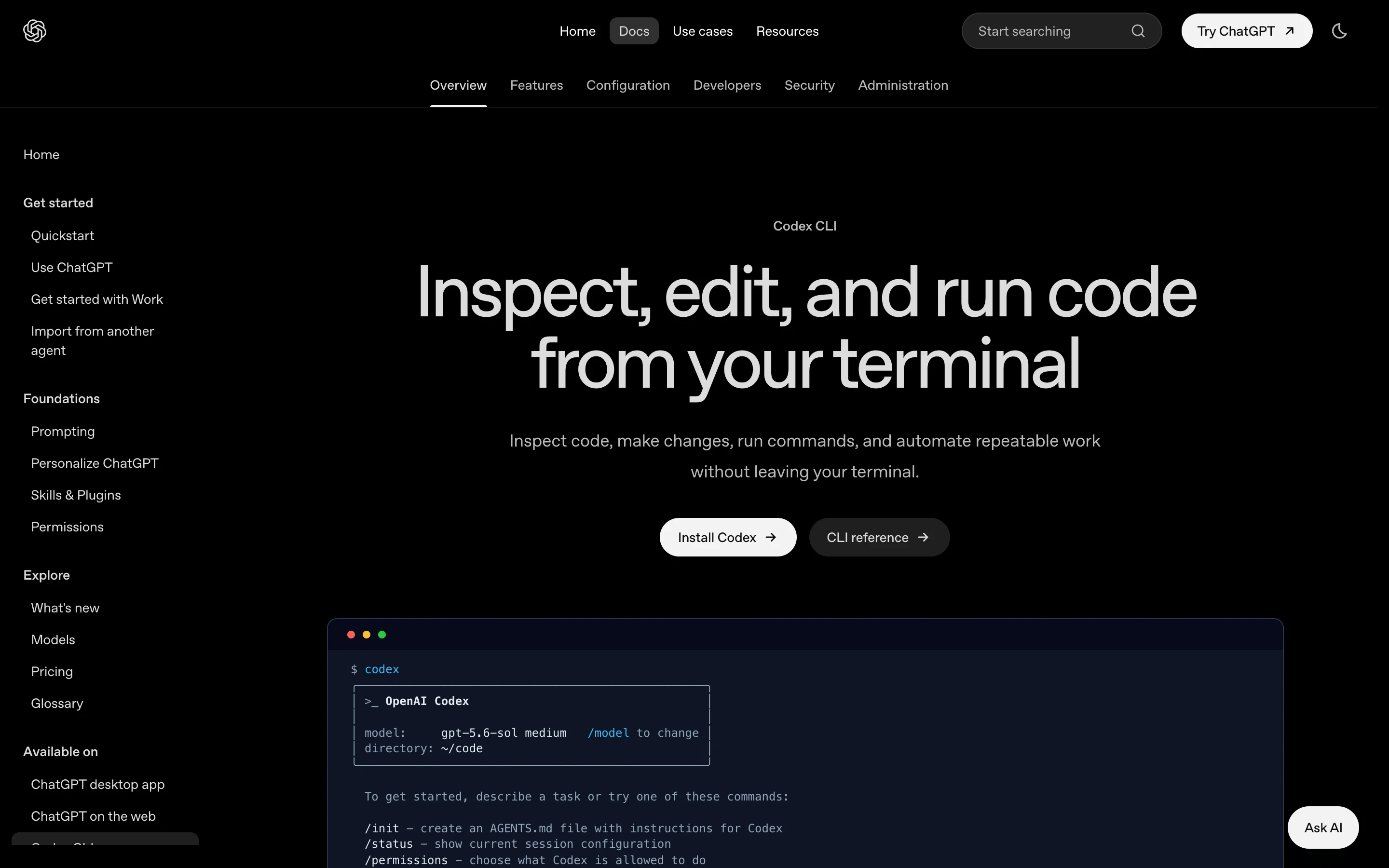 Страница Codex CLI на developers.openai.com: запуск команды codex в терминале со слэш-командами