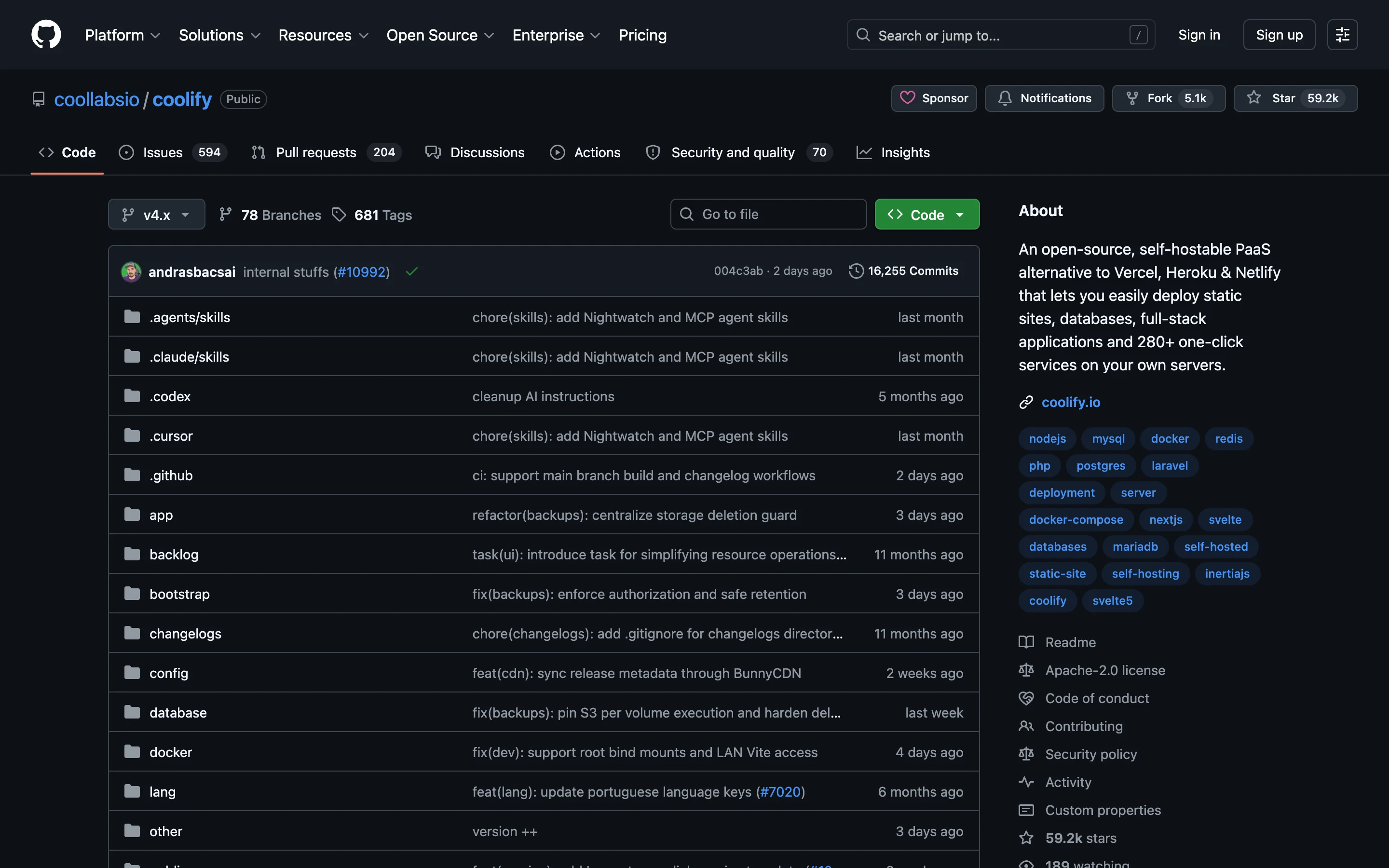 Репозиторий coollabsio/coolify на GitHub: 59,2 тысячи звёзд, лицензия Apache-2.0, ветка v4.x