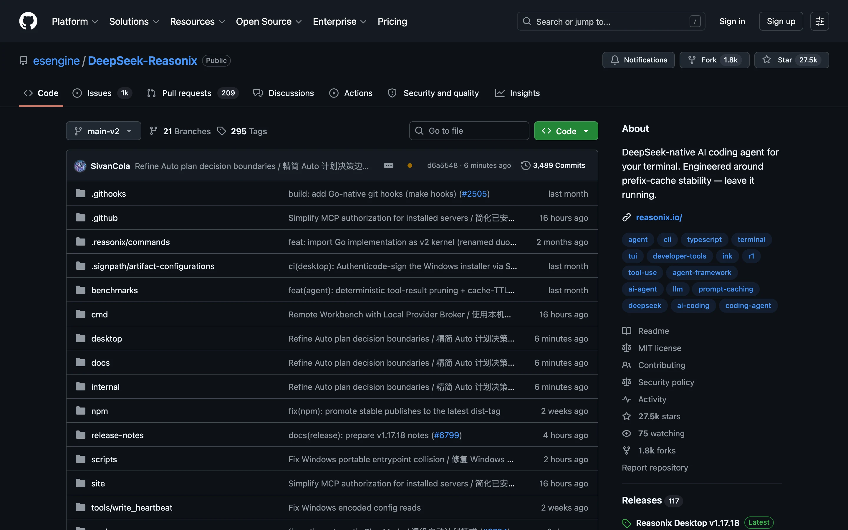 Репозиторий esengine/DeepSeek-Reasonix на GitHub: описание про стабильность prefix-cache, MIT-лицензия, 27.5k звёзд