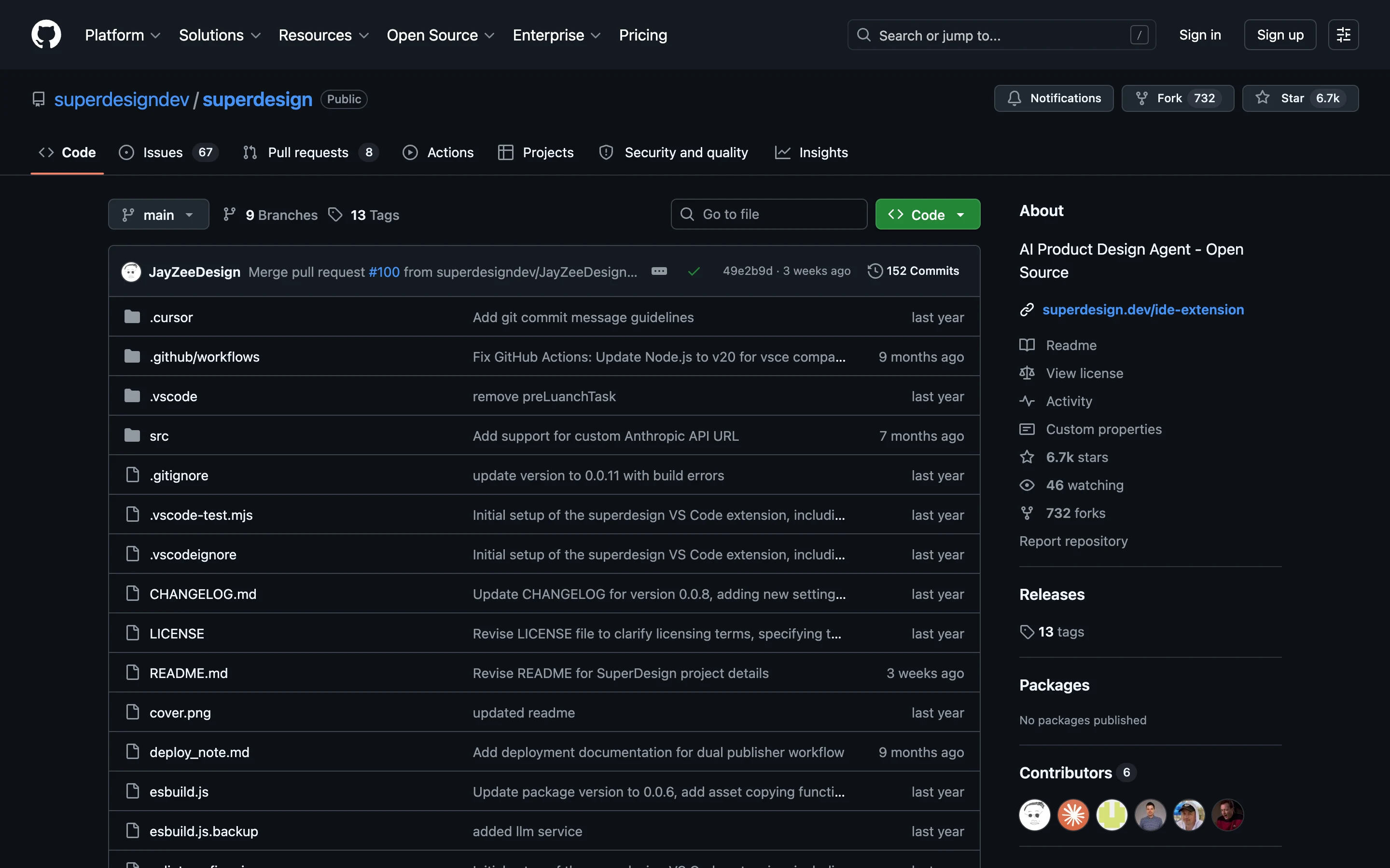 Репозиторий superdesigndev/superdesign на GitHub: описание AI Product Design Agent, открытый код, 6.7k звёзд
