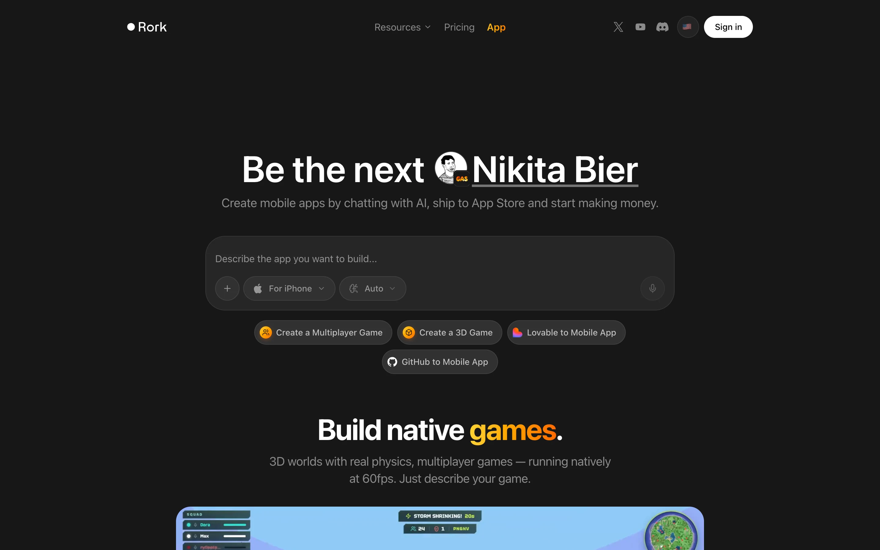 Лендинг rork.com: поле «Describe the app you want to build» с выбором For iPhone и лозунг про сборку приложений и публикацию в App Store