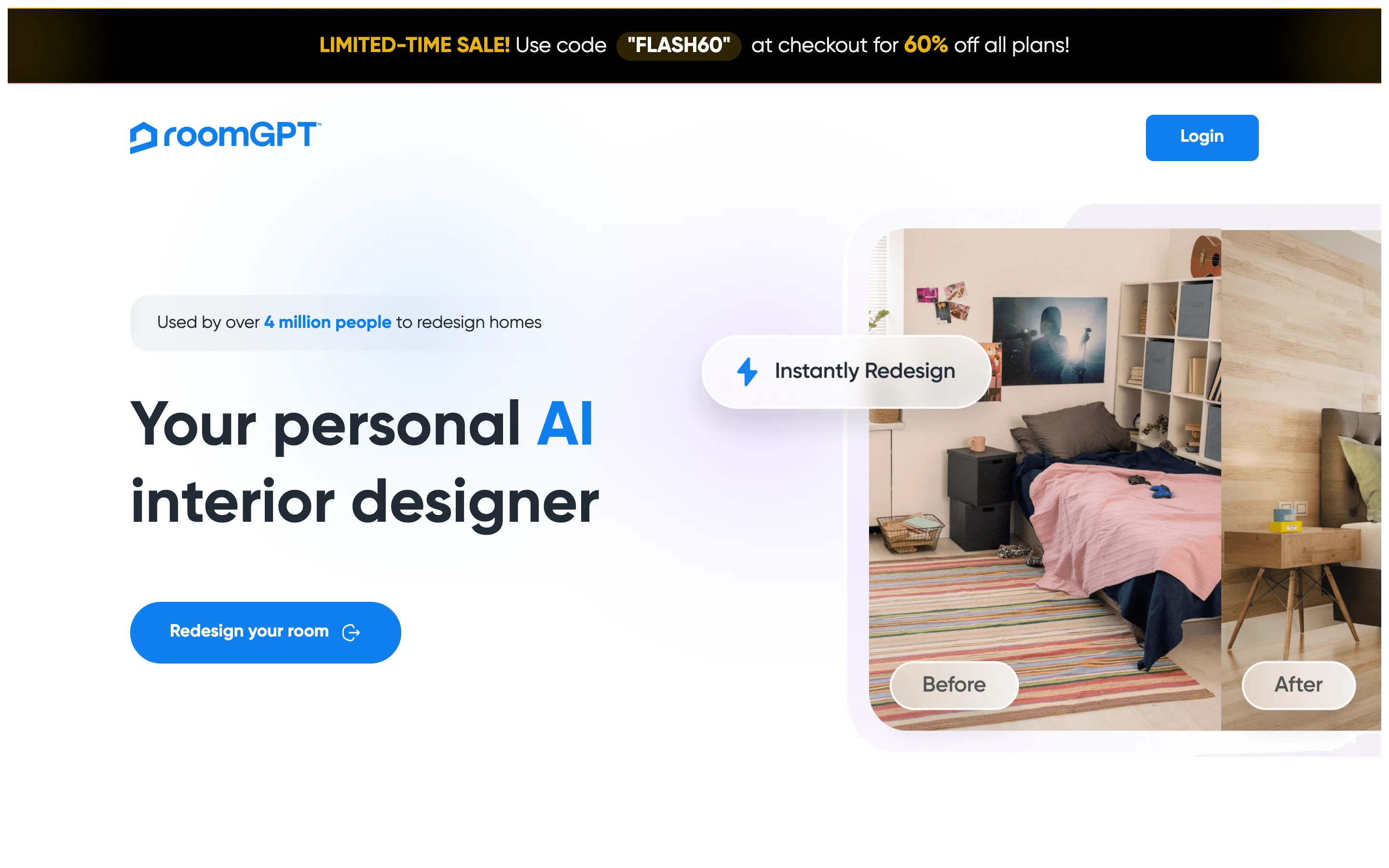Главная RoomGPT: слоган personal AI interior designer, сравнение до и после по фото комнаты