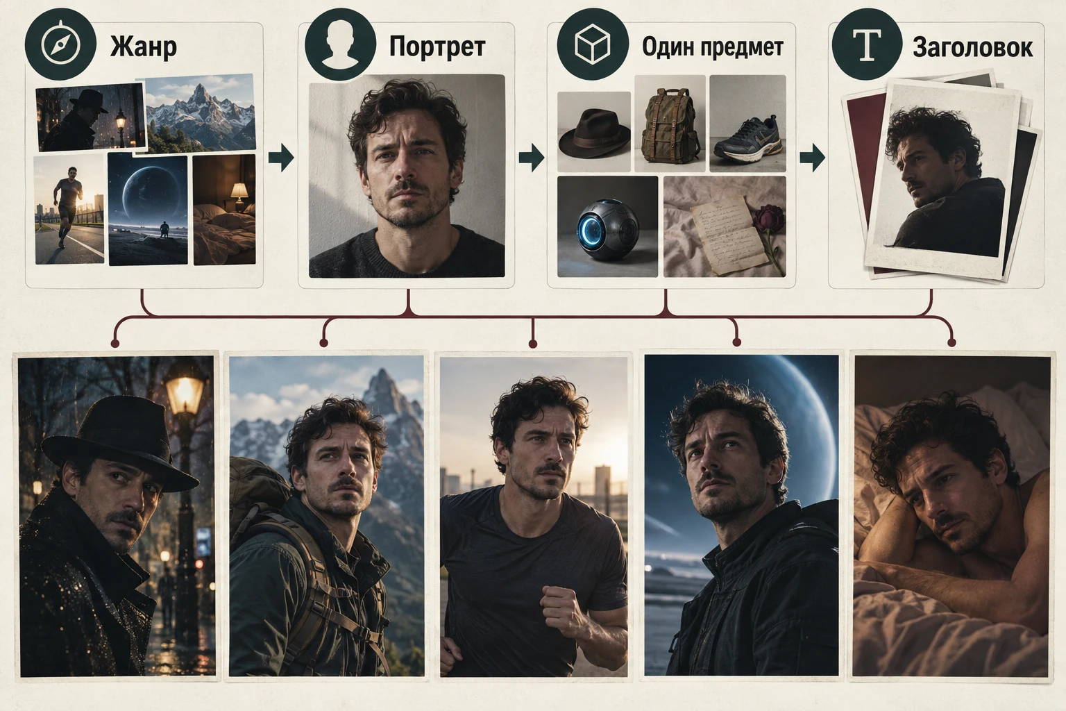 Объясняющая схема: Фото как постер героя: пять вариантов подачи и промпты