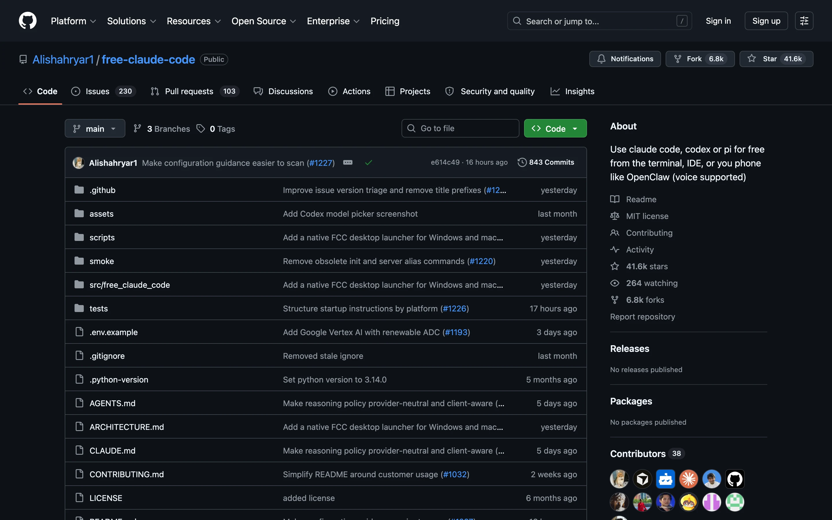 Страница репозитория Alishahryar1/free-claude-code на GitHub: 41,6 тысячи звёзд, лицензия MIT, метка Public