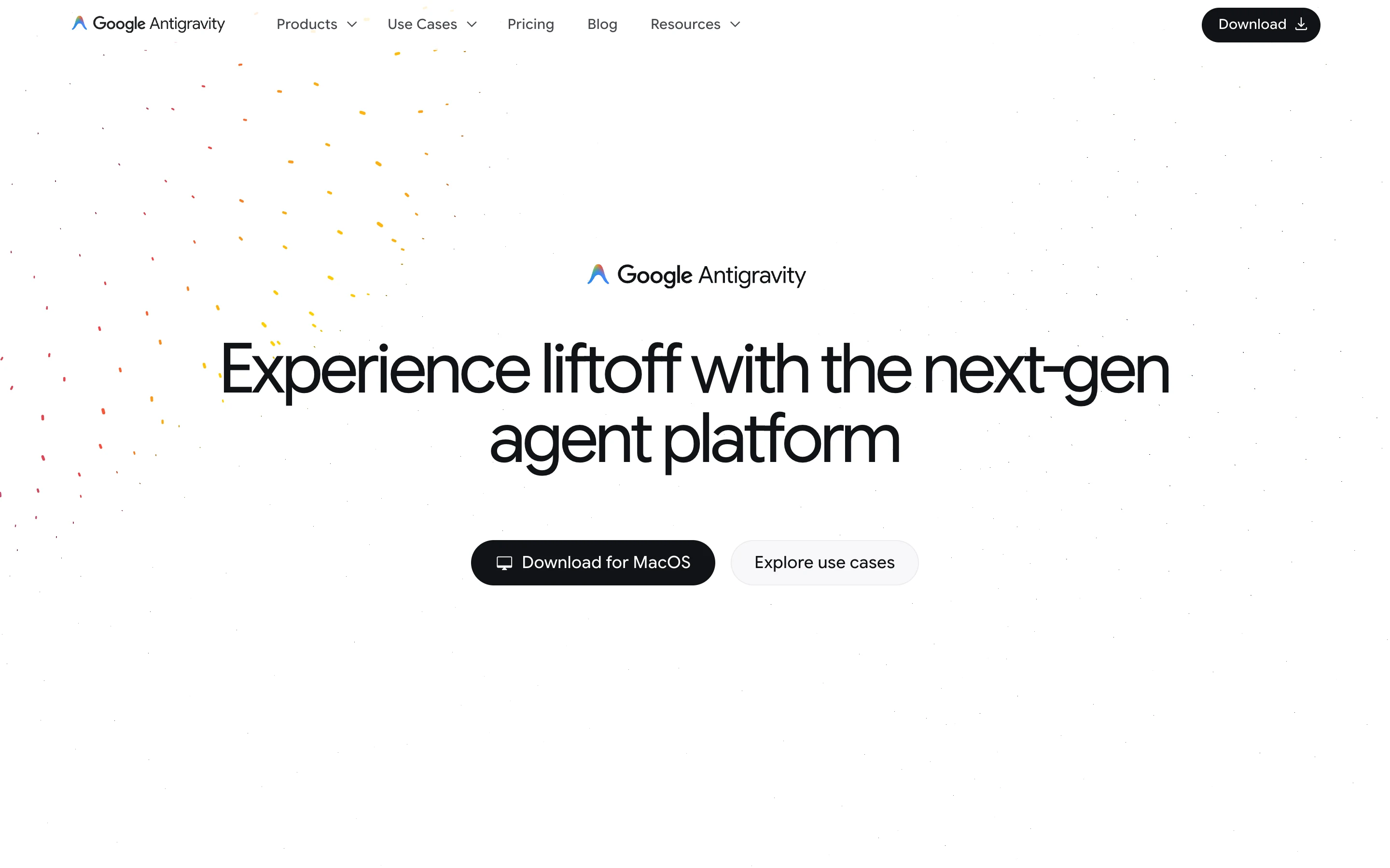 Лендинг Google Antigravity: заголовок Experience liftoff with the next-gen agent platform и кнопка Download for MacOS