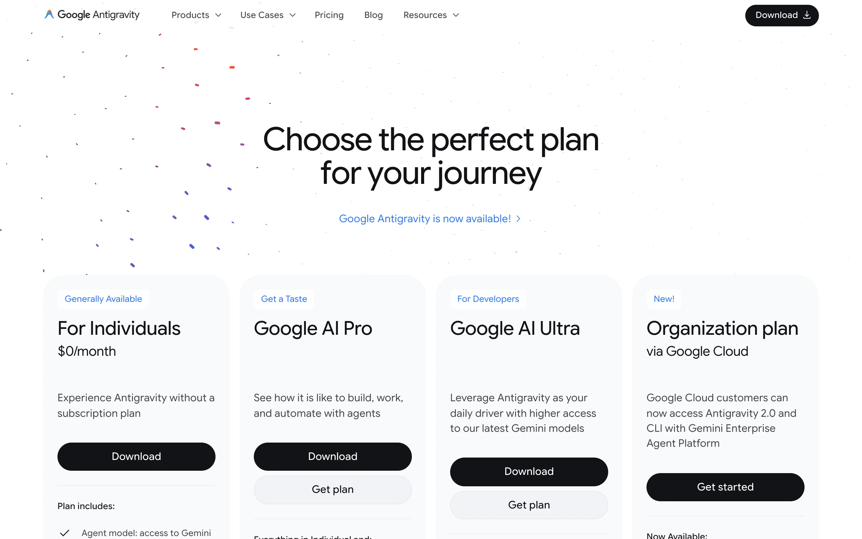 Страница тарифов Google Antigravity: планы For Individuals за 0 долларов в месяц, Google AI Pro, Google AI Ultra и Organization plan через Google Cloud