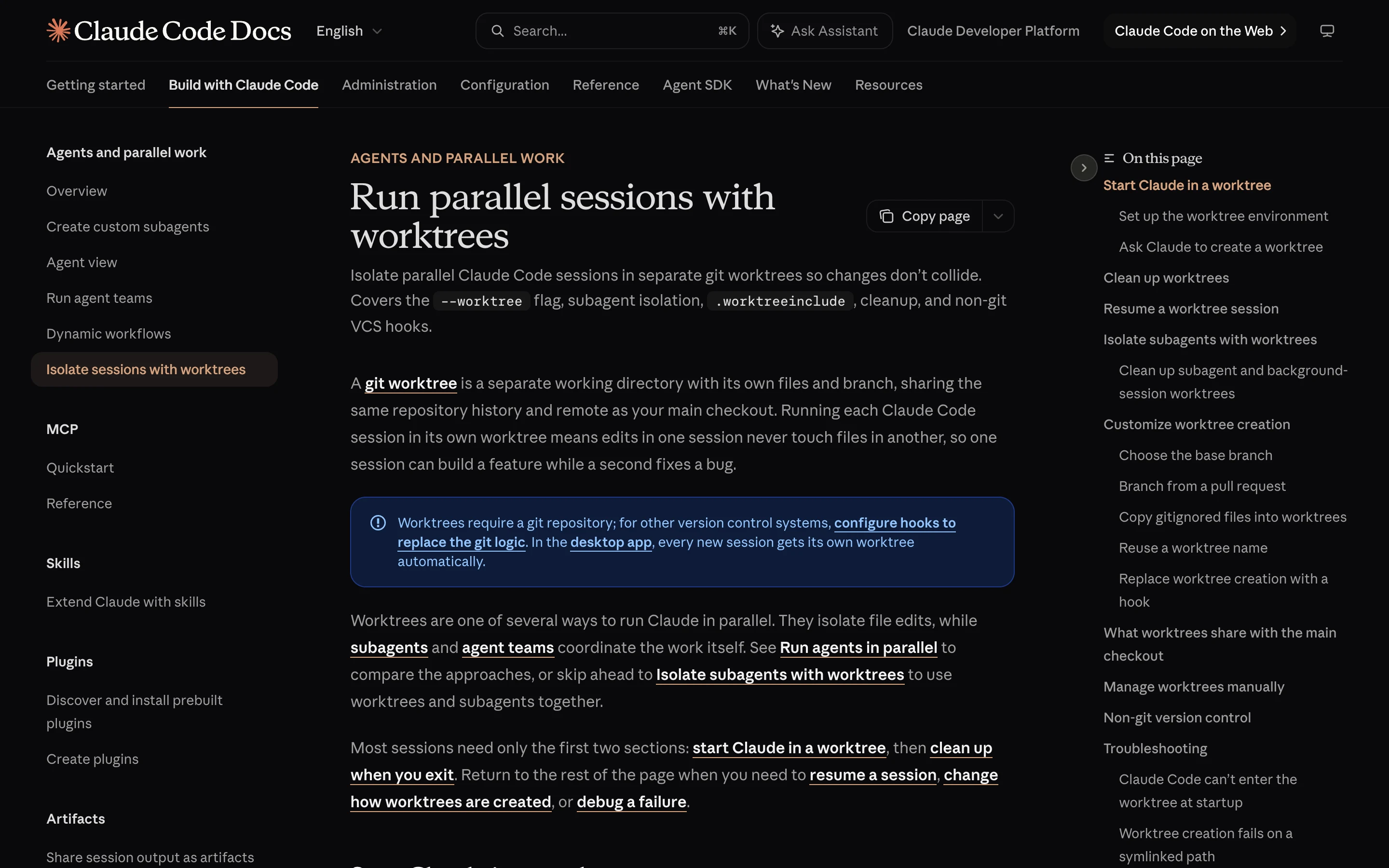 Официальная страница Claude Code Docs «Run parallel sessions with worktrees» с флагом --worktree и разделами про .worktreeinclude и очистку