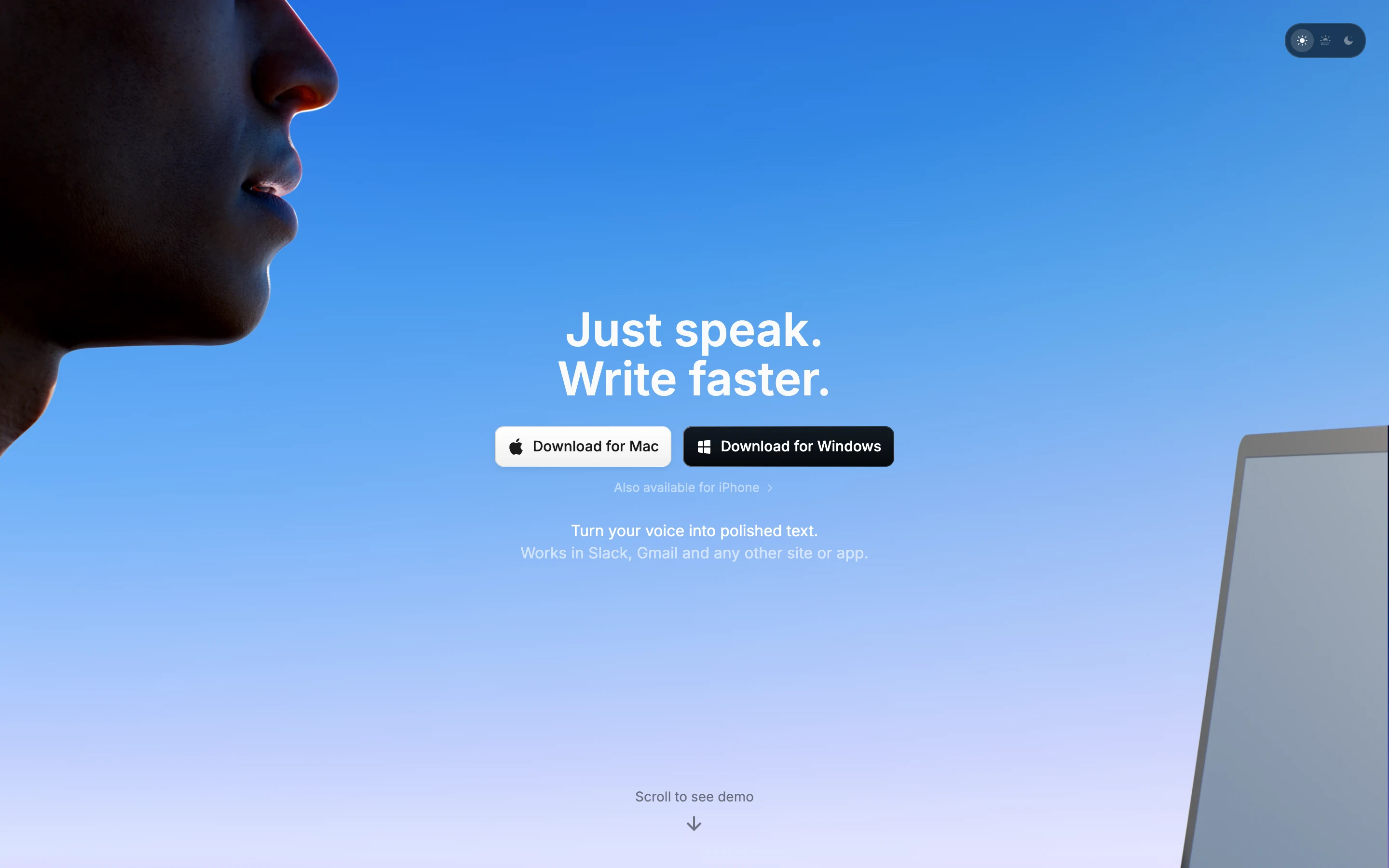Лендинг SuperWhisper: заголовок Just speak. Write faster. и кнопки Download for Mac и Download for Windows