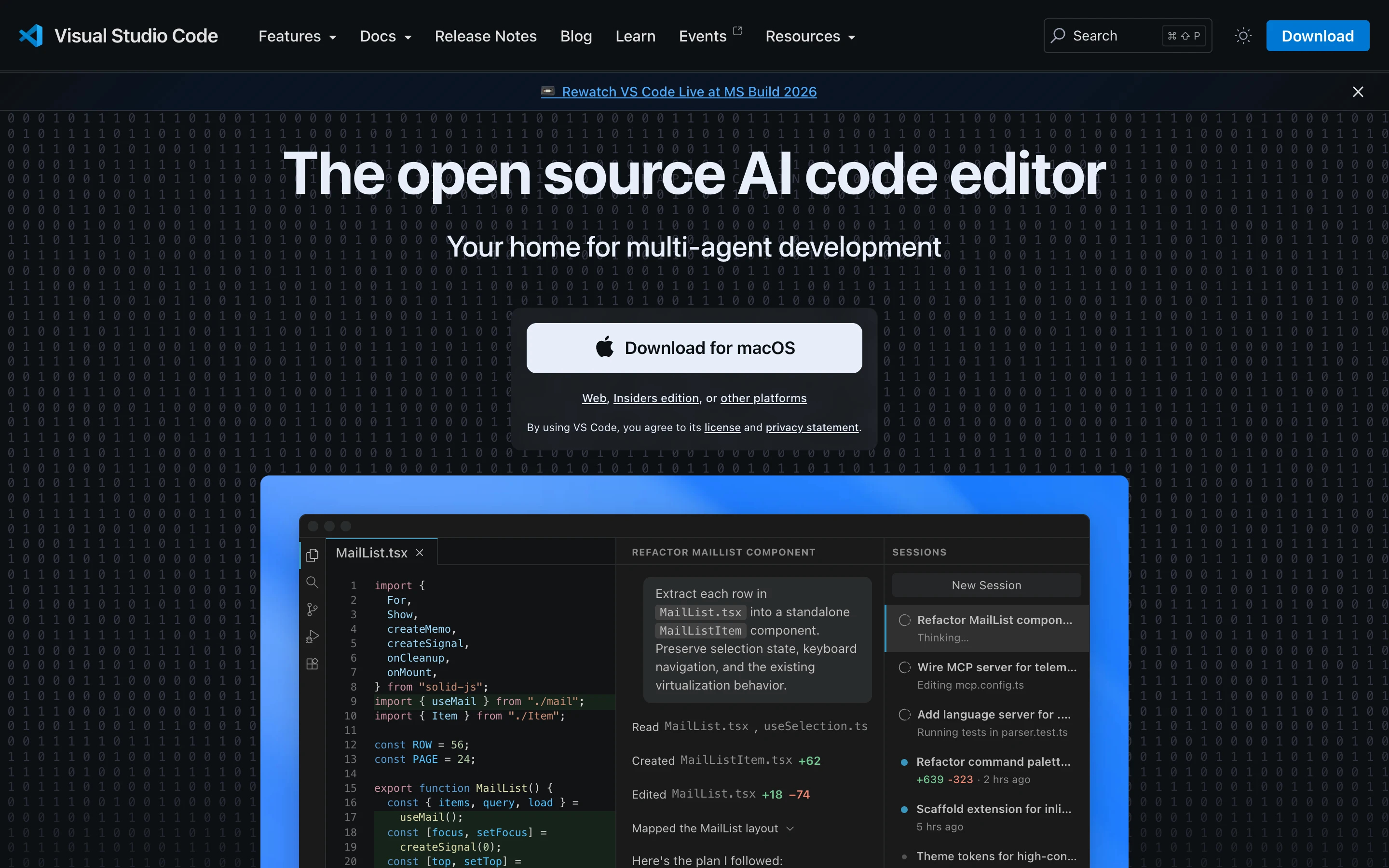 Главная страница code.visualstudio.com с кнопкой скачивания VS Code