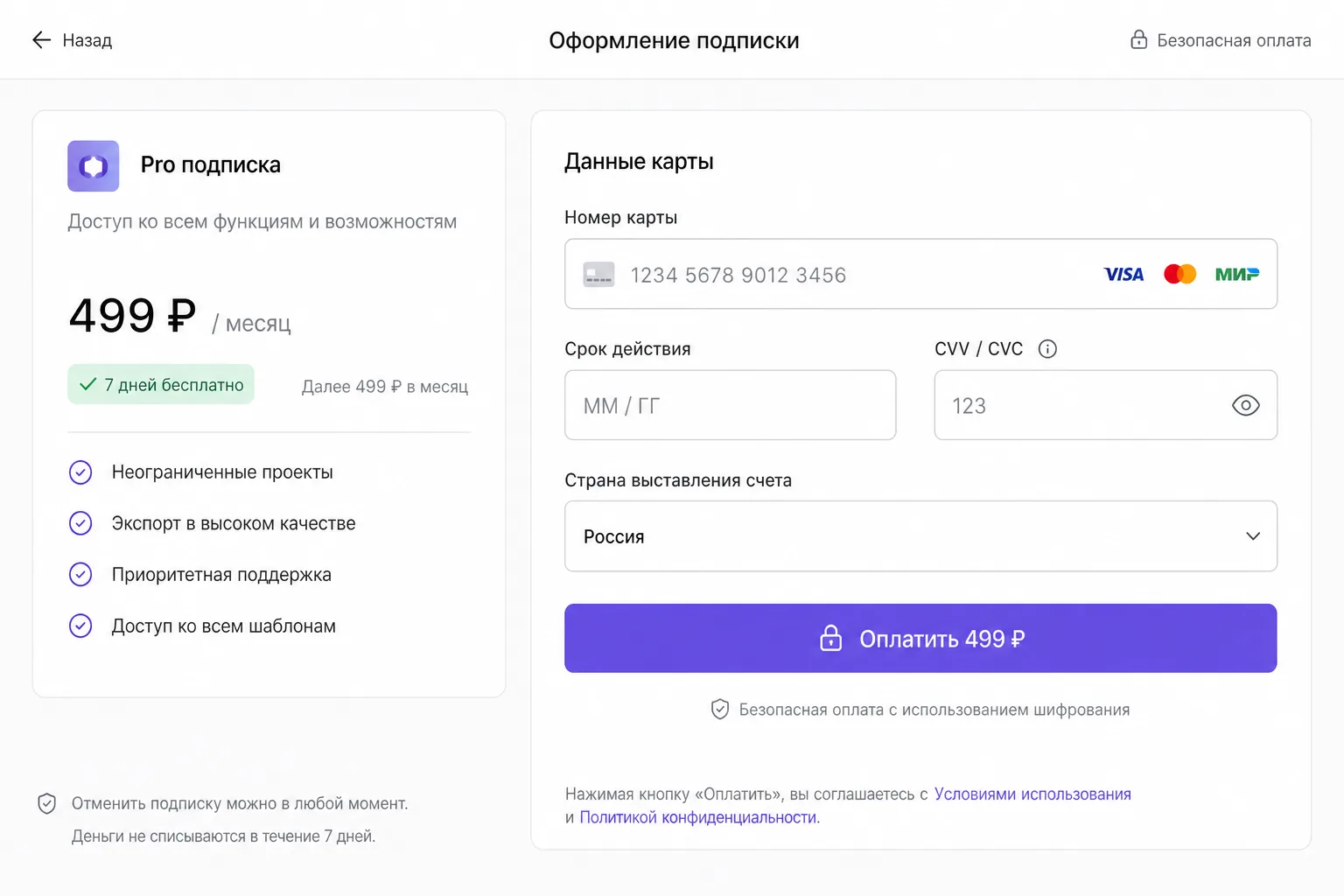 Экран оформления подписки ChatGPT Plus на русском с полем ввода данных карты