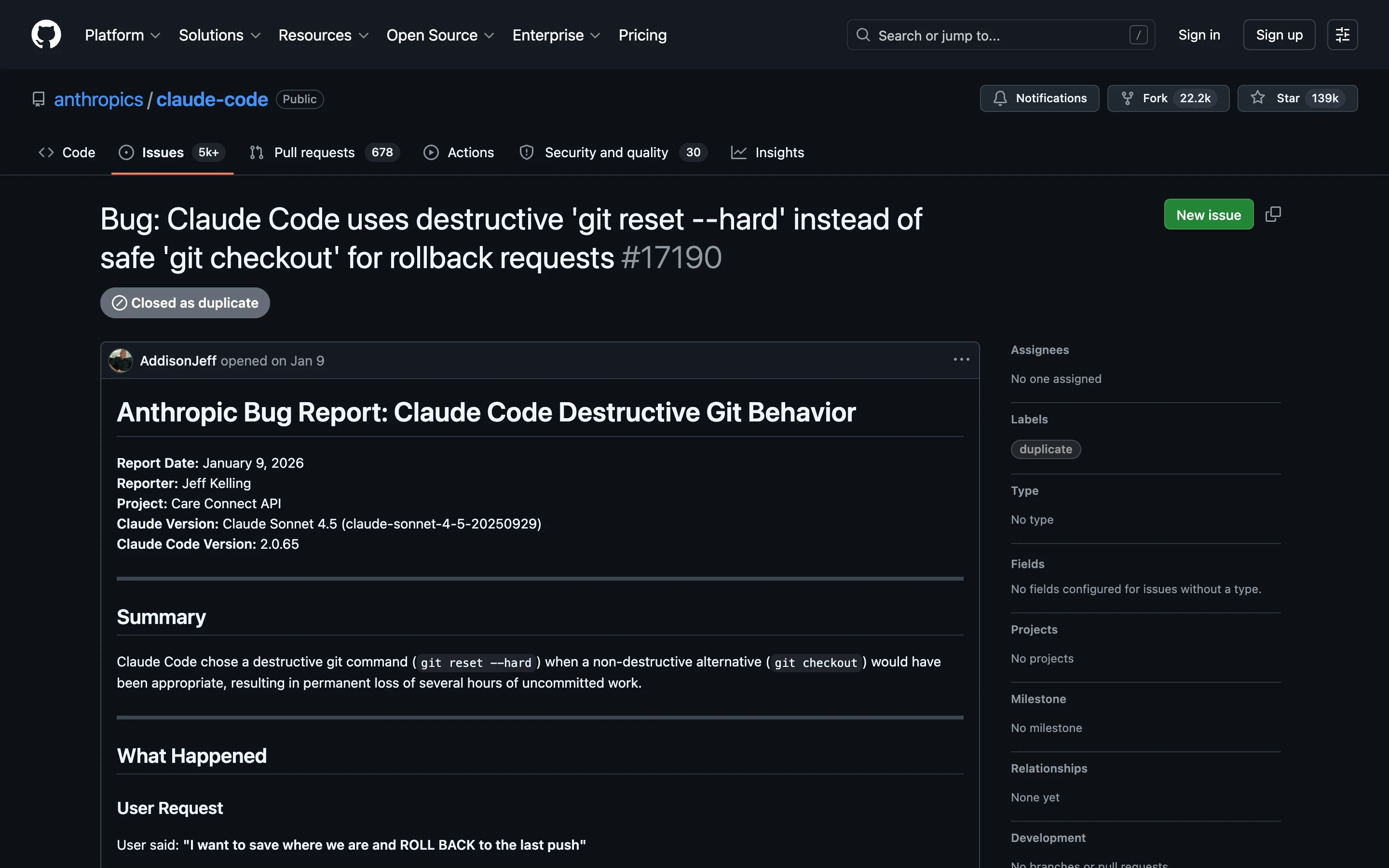 GitHub Issue 17190 в репозитории anthropics/claude-code: баг про то, как Claude Code выполнил git reset --hard вместо безопасного git checkout