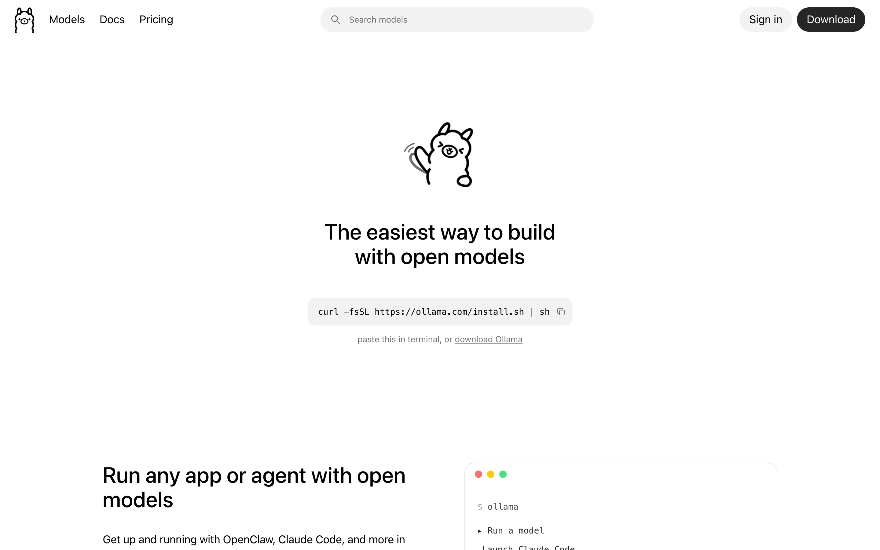 Лендинг Ollama: заголовок The easiest way to build with open models и команда установки одной строкой