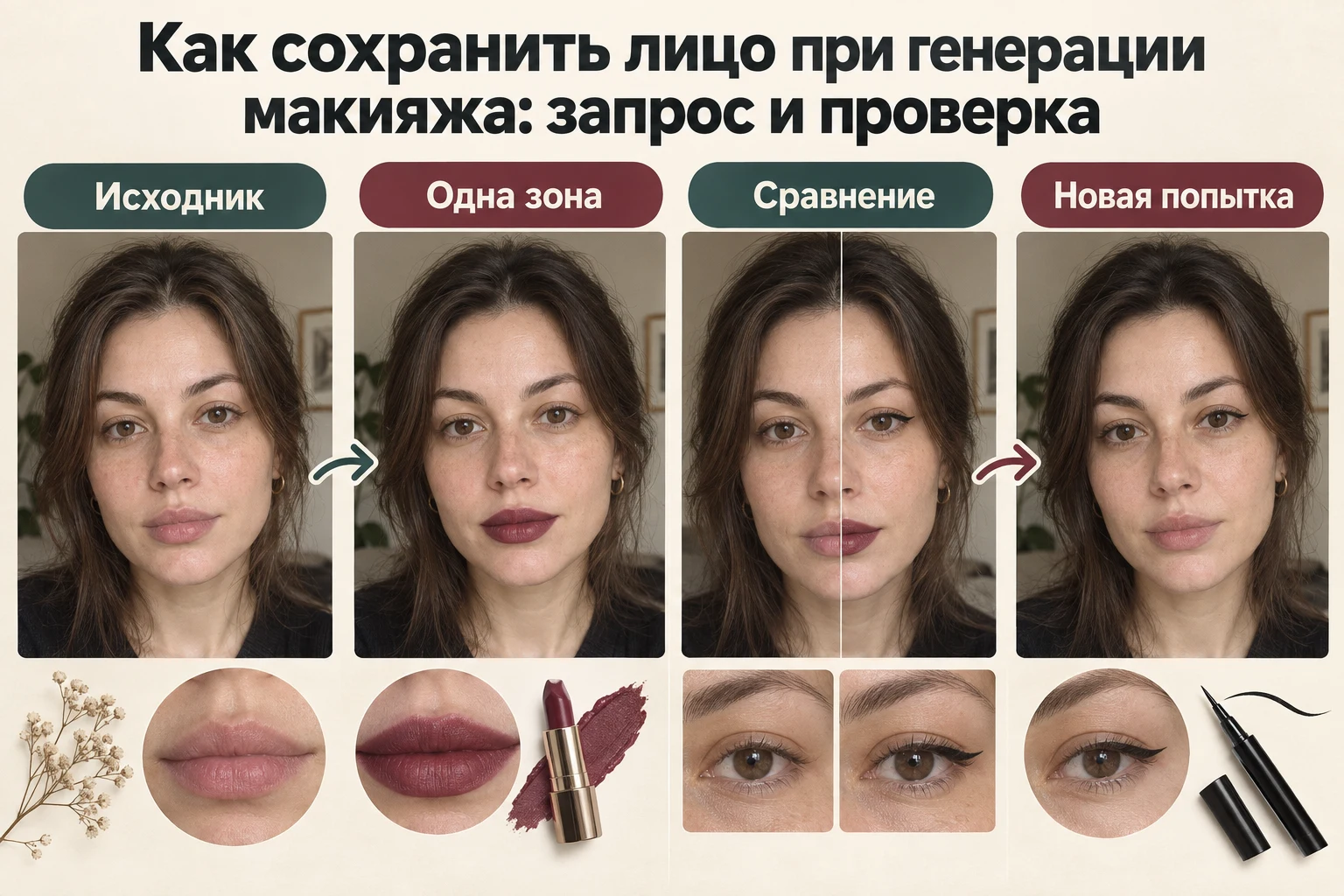 Объясняющая схема: Как сохранить лицо при генерации макияжа: запрос и проверка