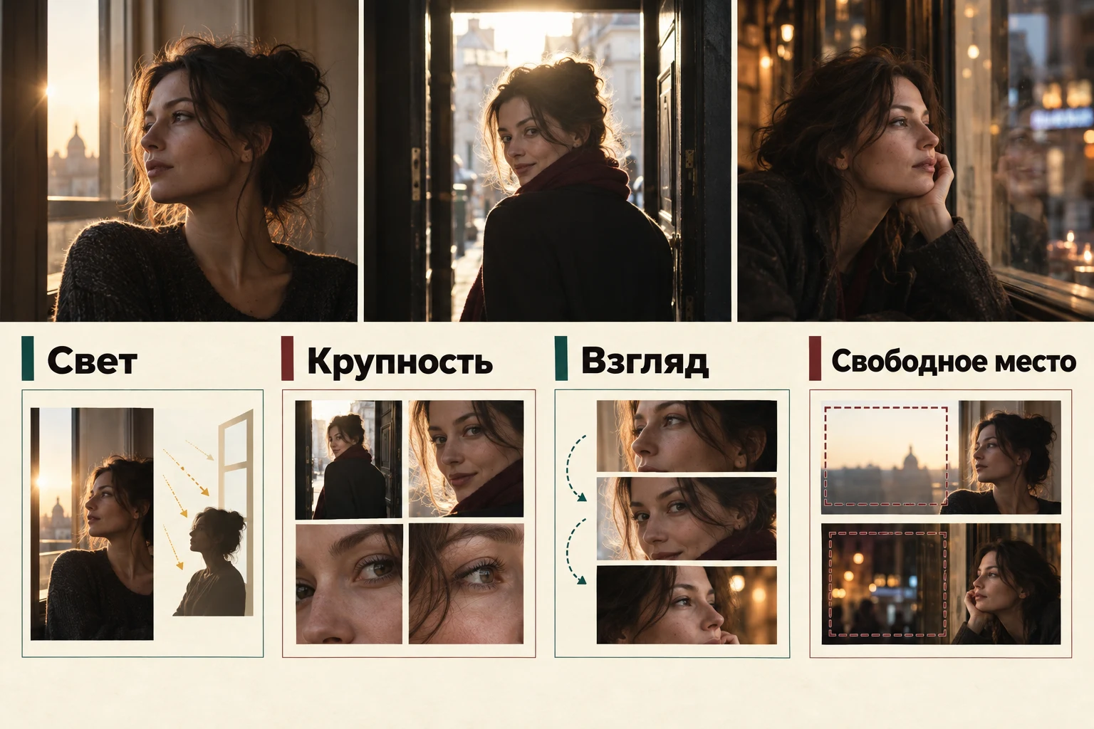 Объясняющая схема: Кинематографичный портрет: промпты для света и композиции