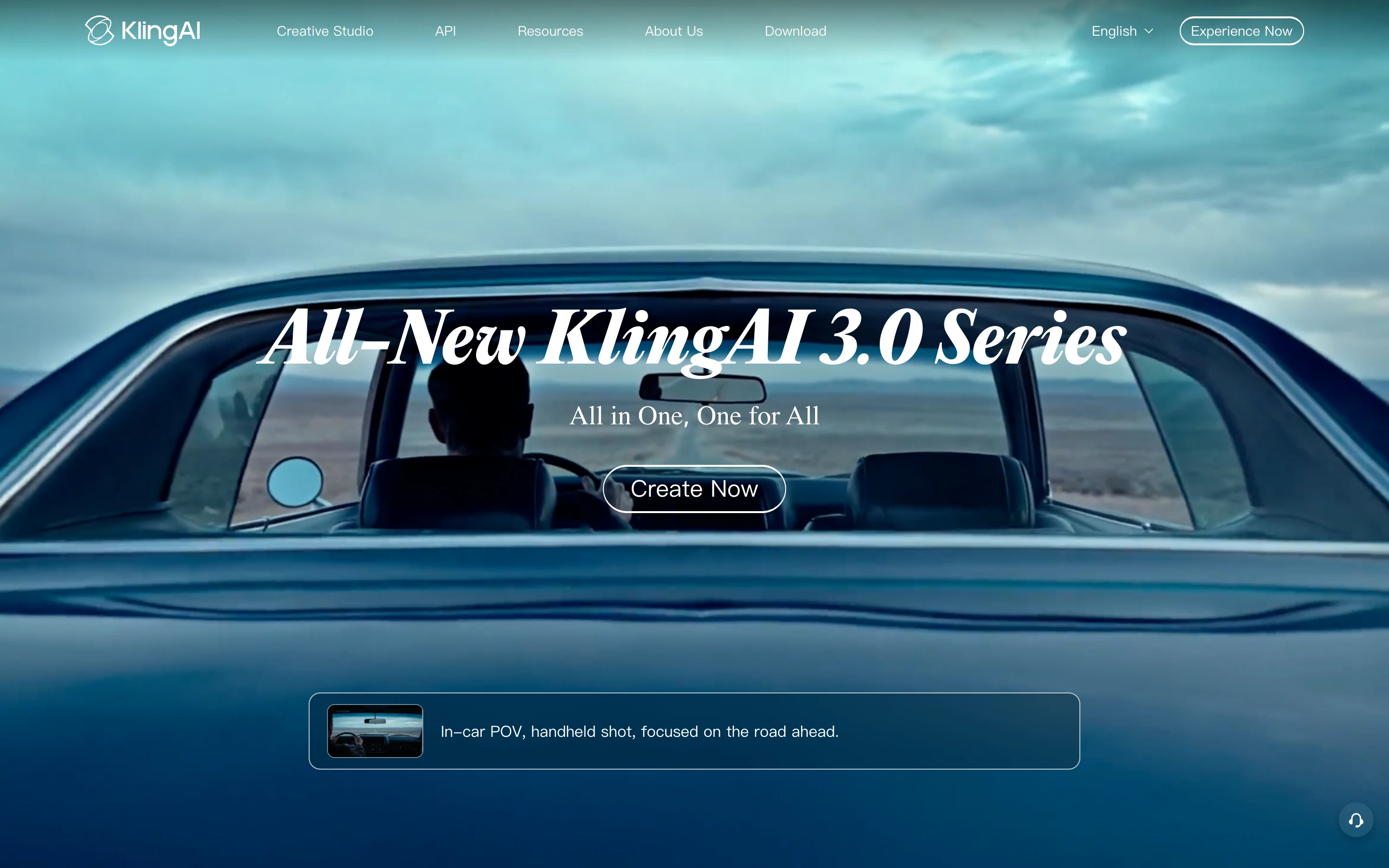 Главная страница klingai.com: заголовок серии Kling, верхнее меню Creative Studio, API, Resources и кнопка входа