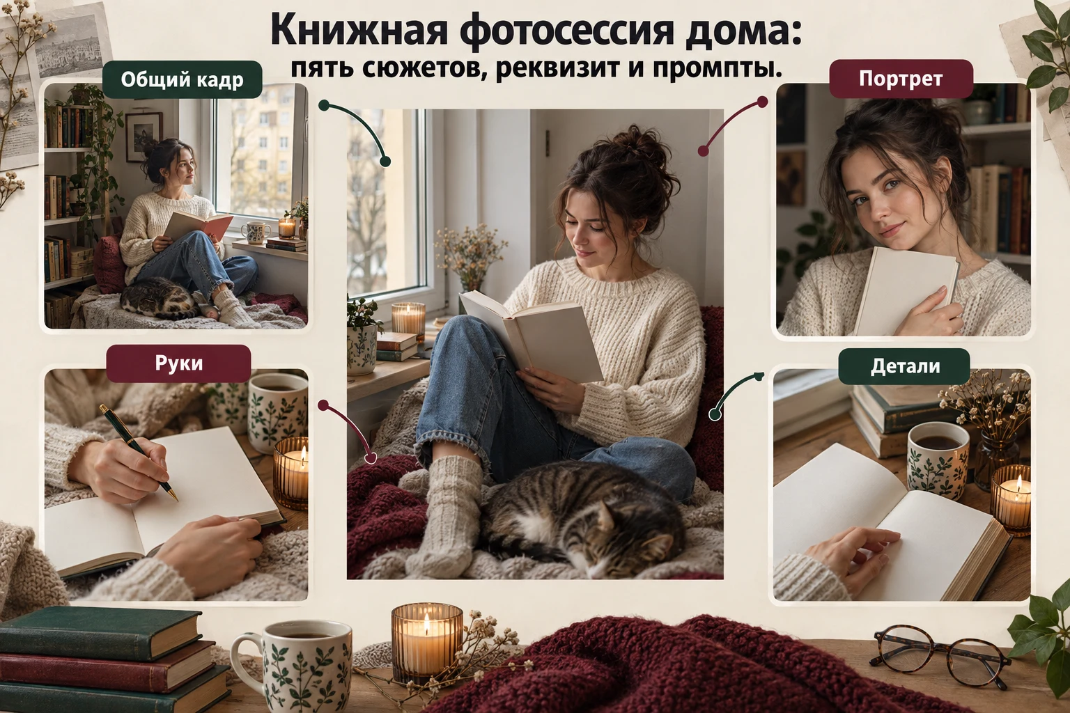 Объясняющая схема: Книжная фотосессия дома: пять сюжетов, реквизит и промпты