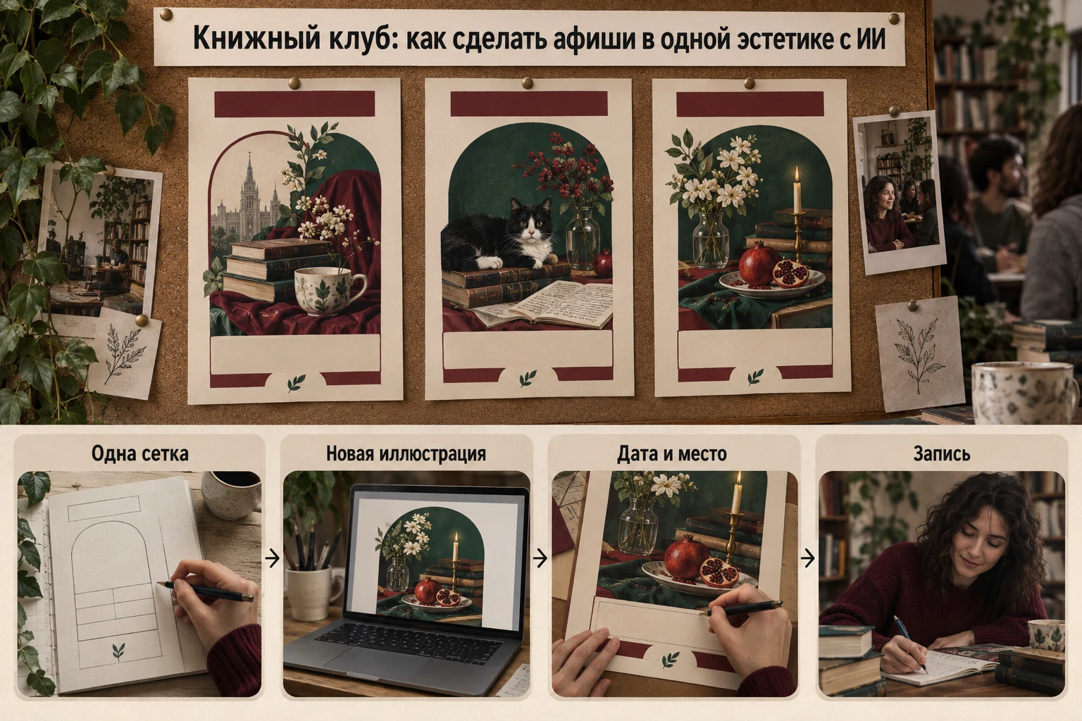 Объясняющая схема: Книжный клуб: как сделать афиши в одной эстетике с ИИ