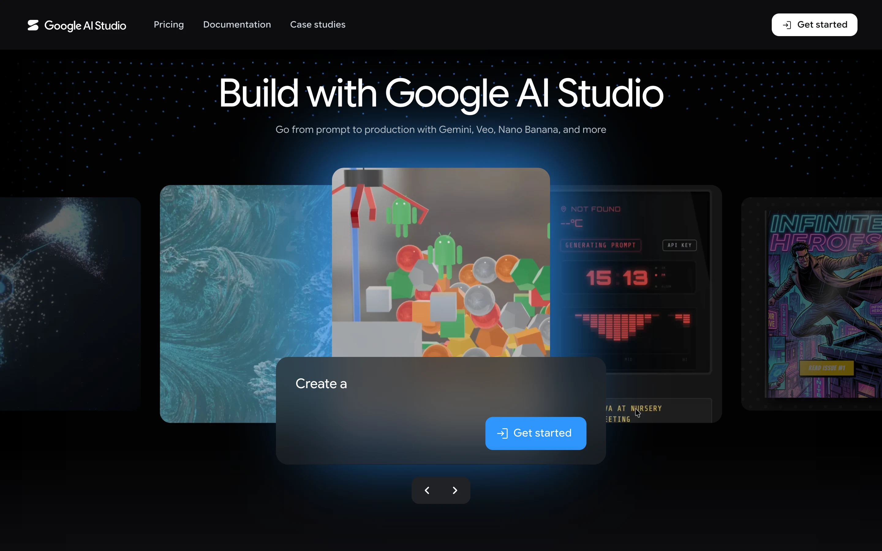 Главная Google AI Studio: заголовок Build with Google AI Studio и упоминание моделей Gemini и Veo