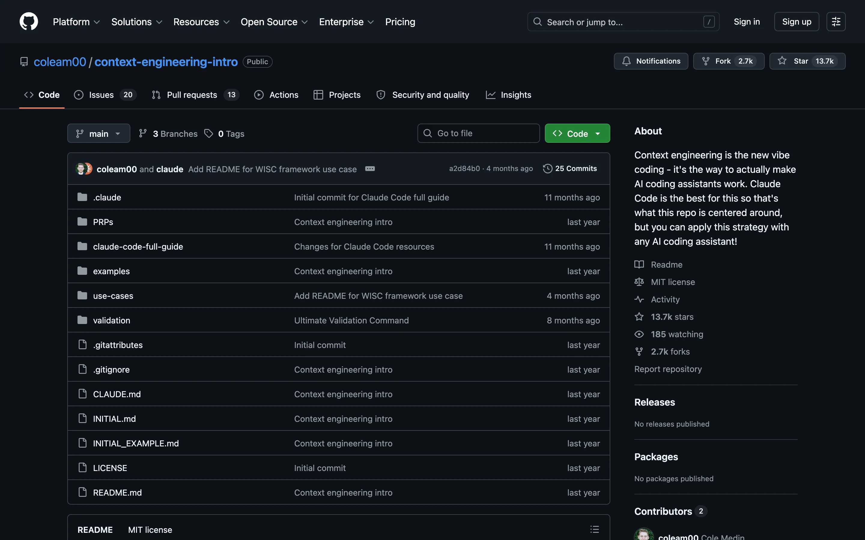 Репозиторий context-engineering-intro на GitHub: 13.7k звёзд, папки examples, PRPs, файлы CLAUDE.md и INITIAL.md