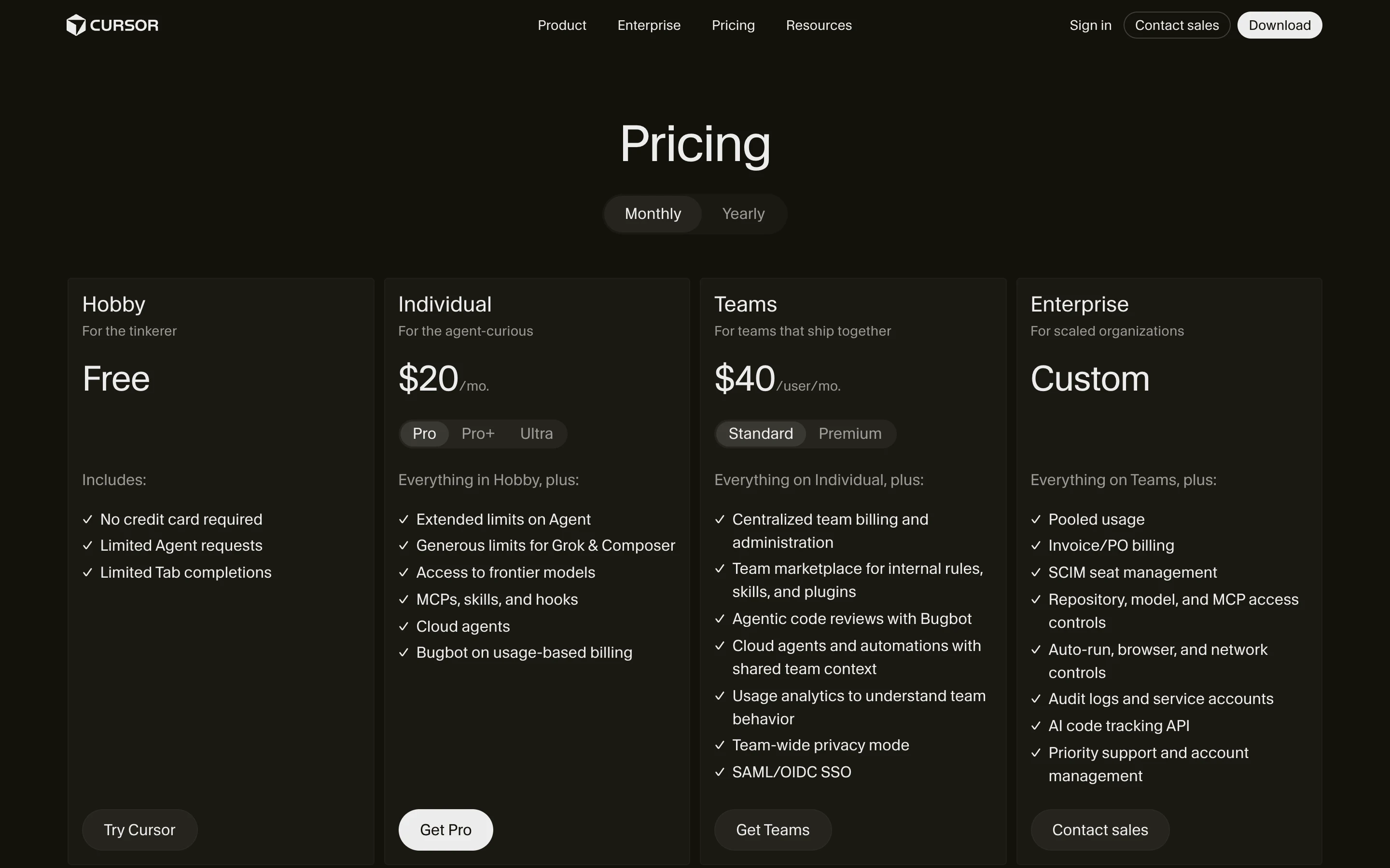 Страница тарифов Cursor: Hobby бесплатно, Individual $20 с вкладками Pro/Pro+/Ultra, Teams $40, Enterprise Custom