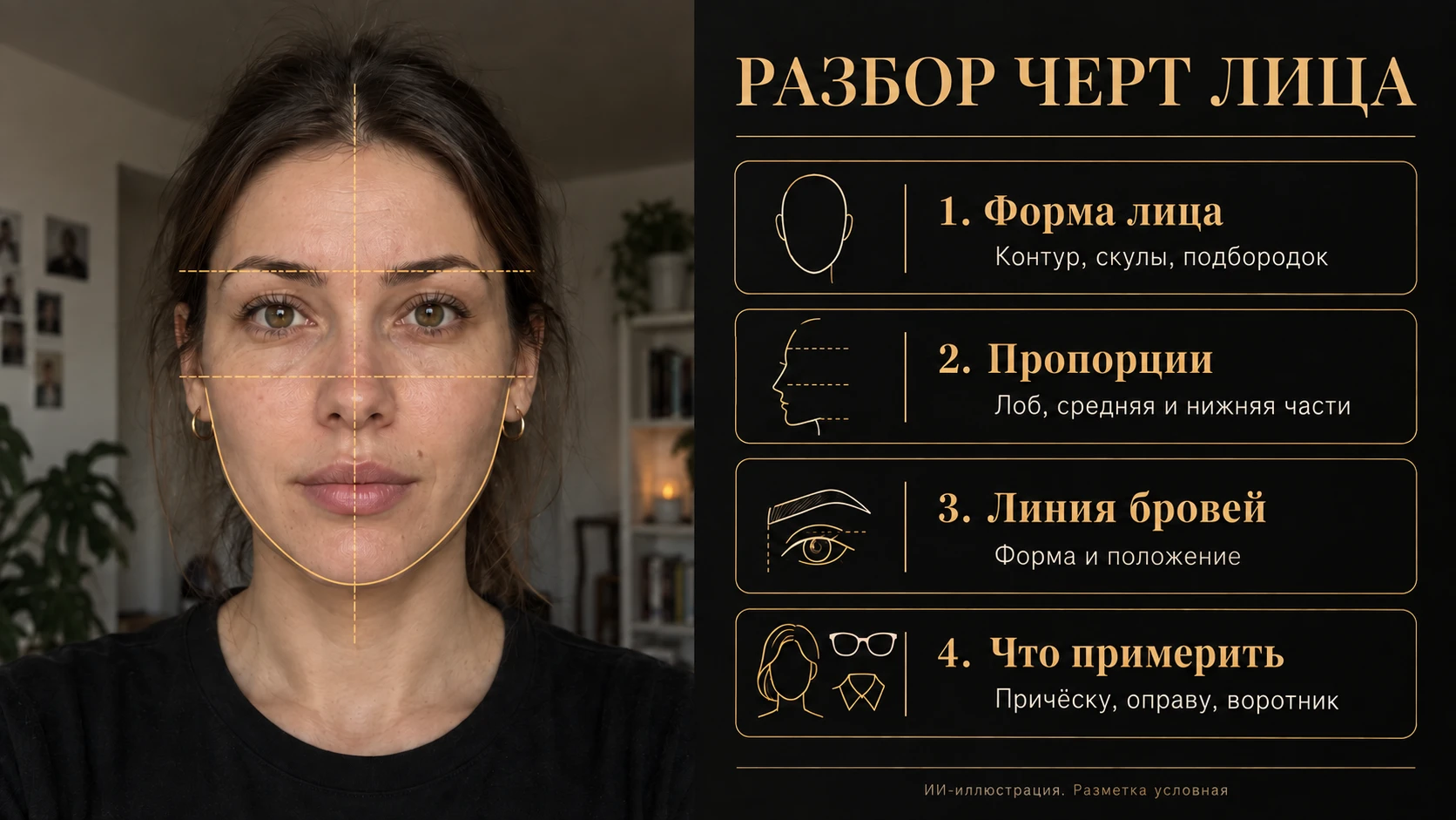 Схема разбора черт лица с линиями бровей, скул и подбородка