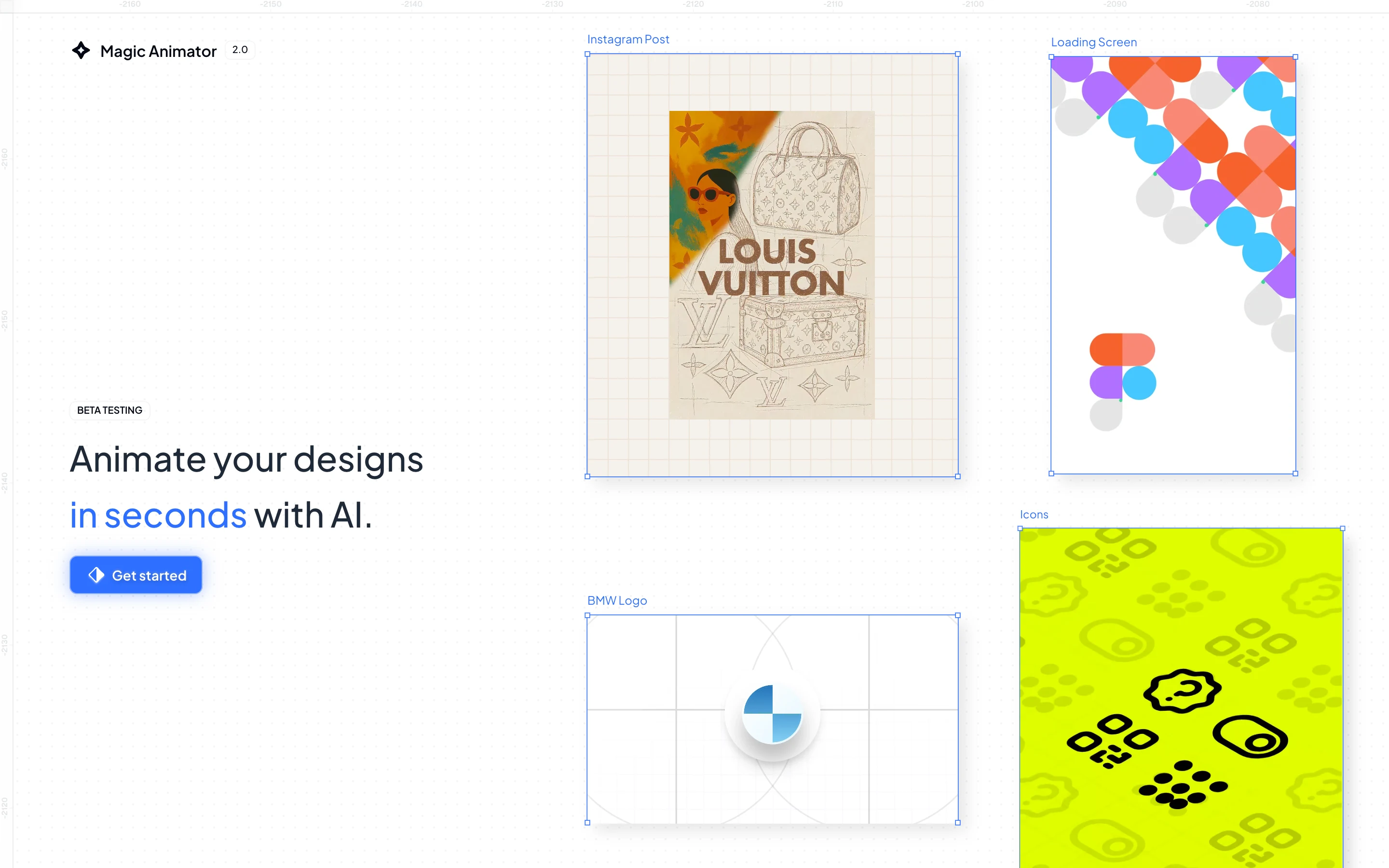 Лендинг magicanimator.com: заголовок Animate your designs in seconds with AI, бейдж Beta testing и примеры анимированных макетов