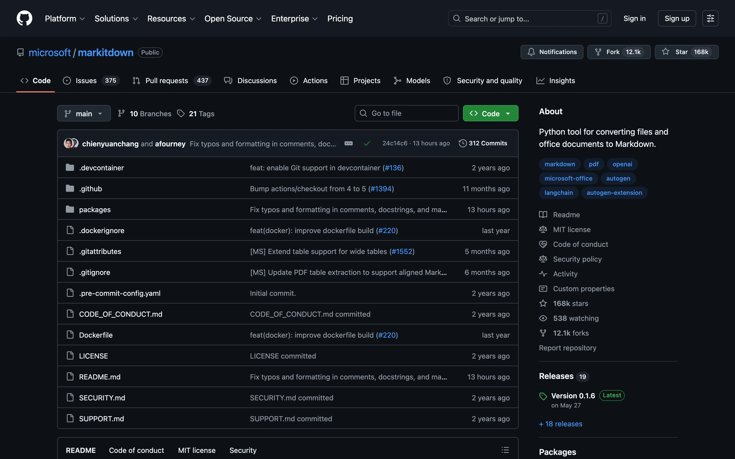 Репозиторий microsoft/markitdown на GitHub: 168 тысяч звёзд, лицензия MIT, описание Python tool for converting files and office documents to Markdown