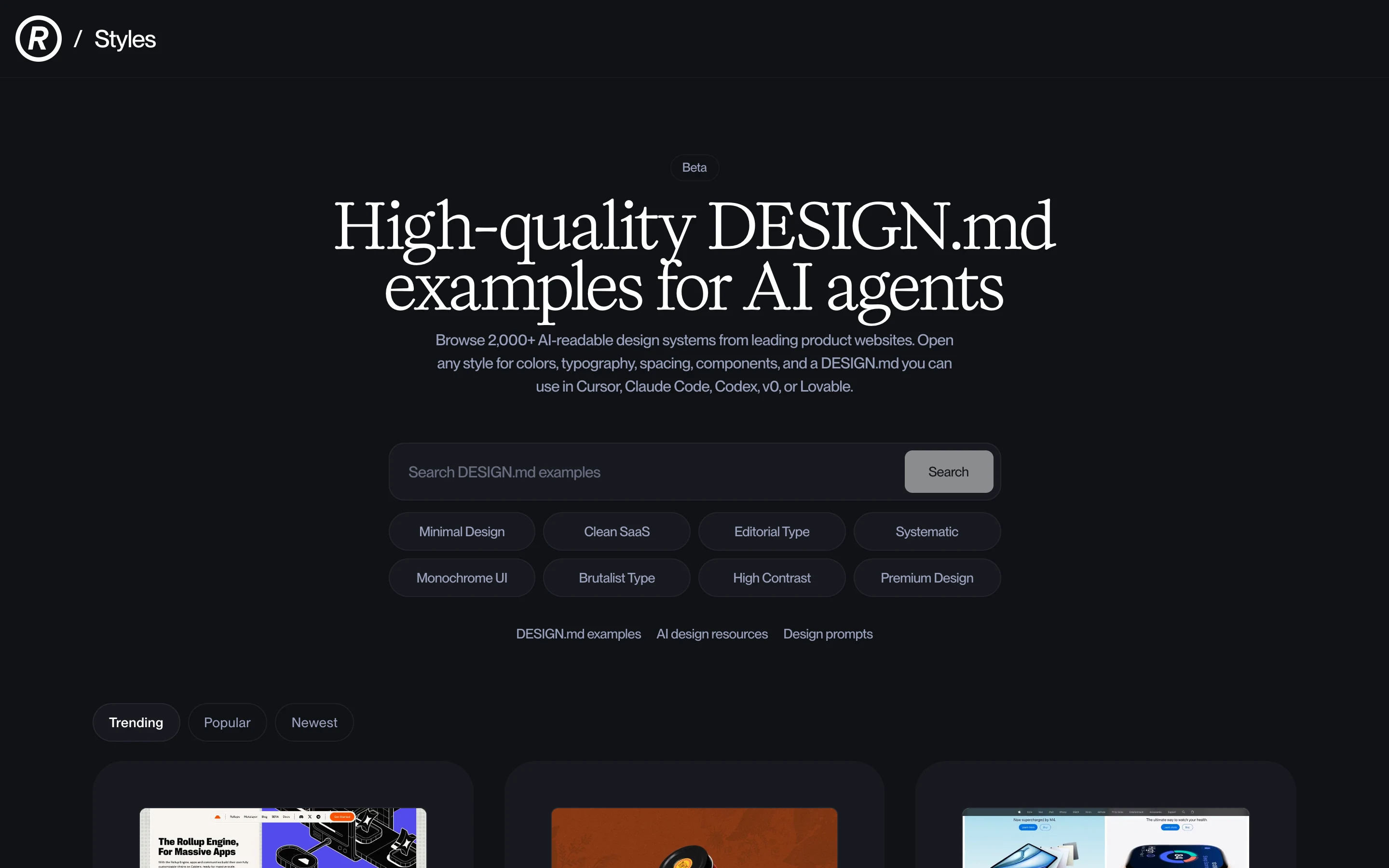 Каталог styles.refero.design: заголовок High-quality DESIGN.md examples for AI agents, поиск, чипы стилей, карточки брендов