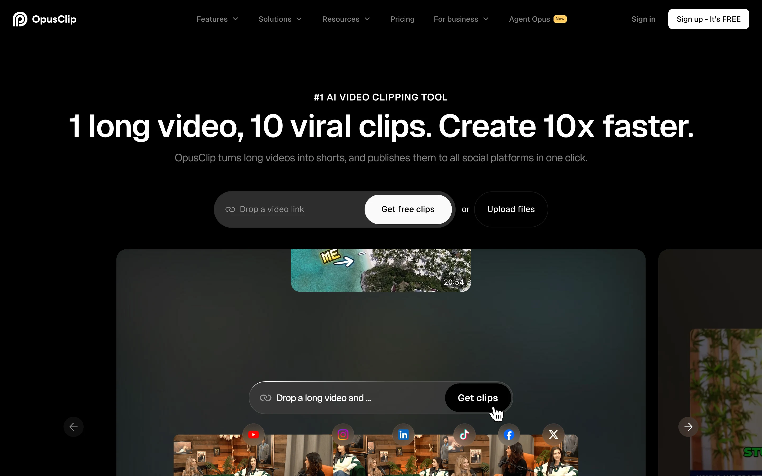 Лендинг Opus Clip: заголовок 1 long video, 10 viral clips, поле для ссылки на видео и кнопка Get free clips