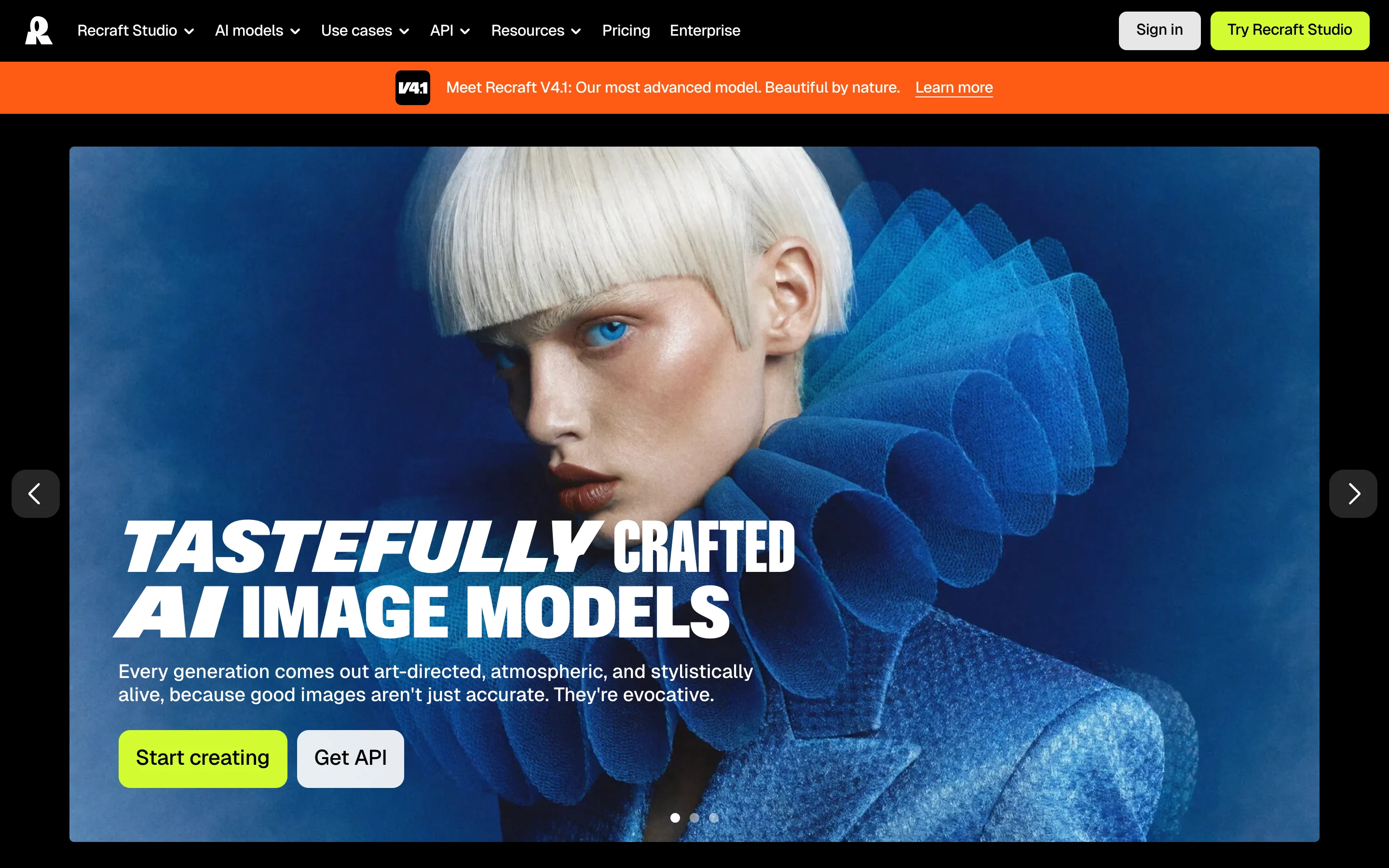 Главная страница Recraft: заголовок Tastefully crafted AI image models, кнопки Start creating и Get API