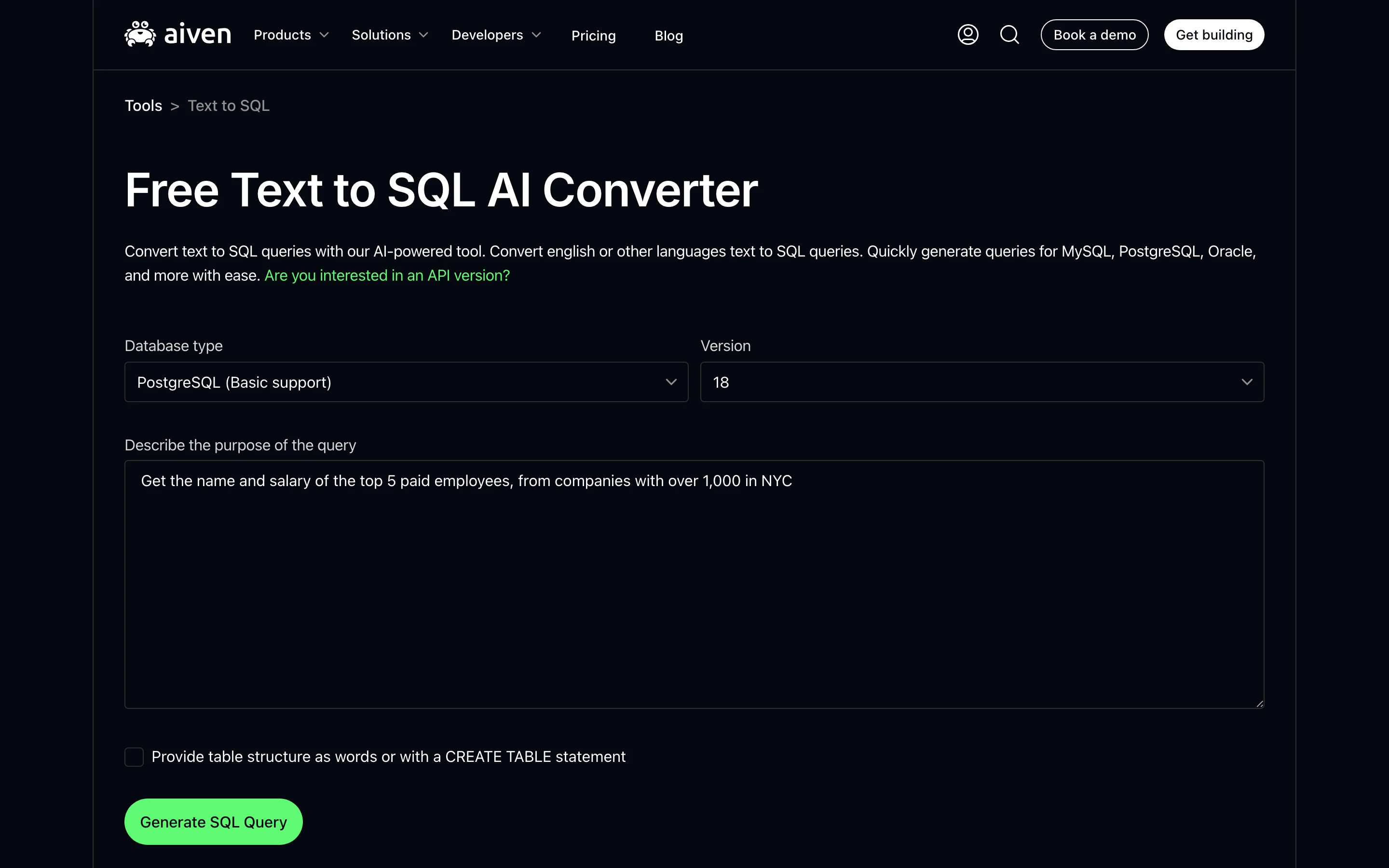 Бесплатный инструмент Aiven Text to SQL: выбор PostgreSQL, поле описания задачи на естественном языке и кнопка Generate SQL Query