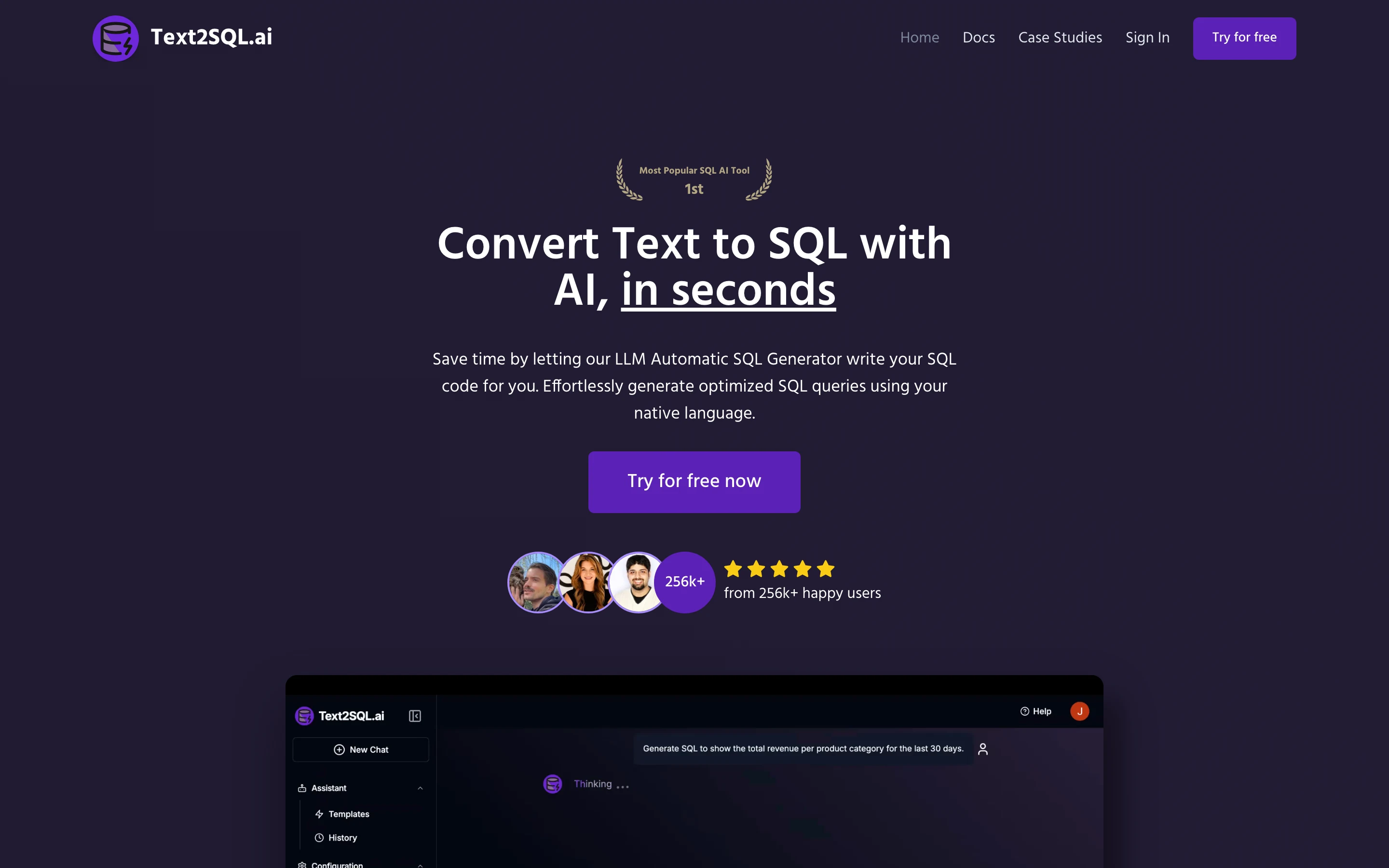 Главная Text2SQL.ai с заголовком Convert Text to SQL with AI и панелью чата с запросом про выручку по категориям товаров