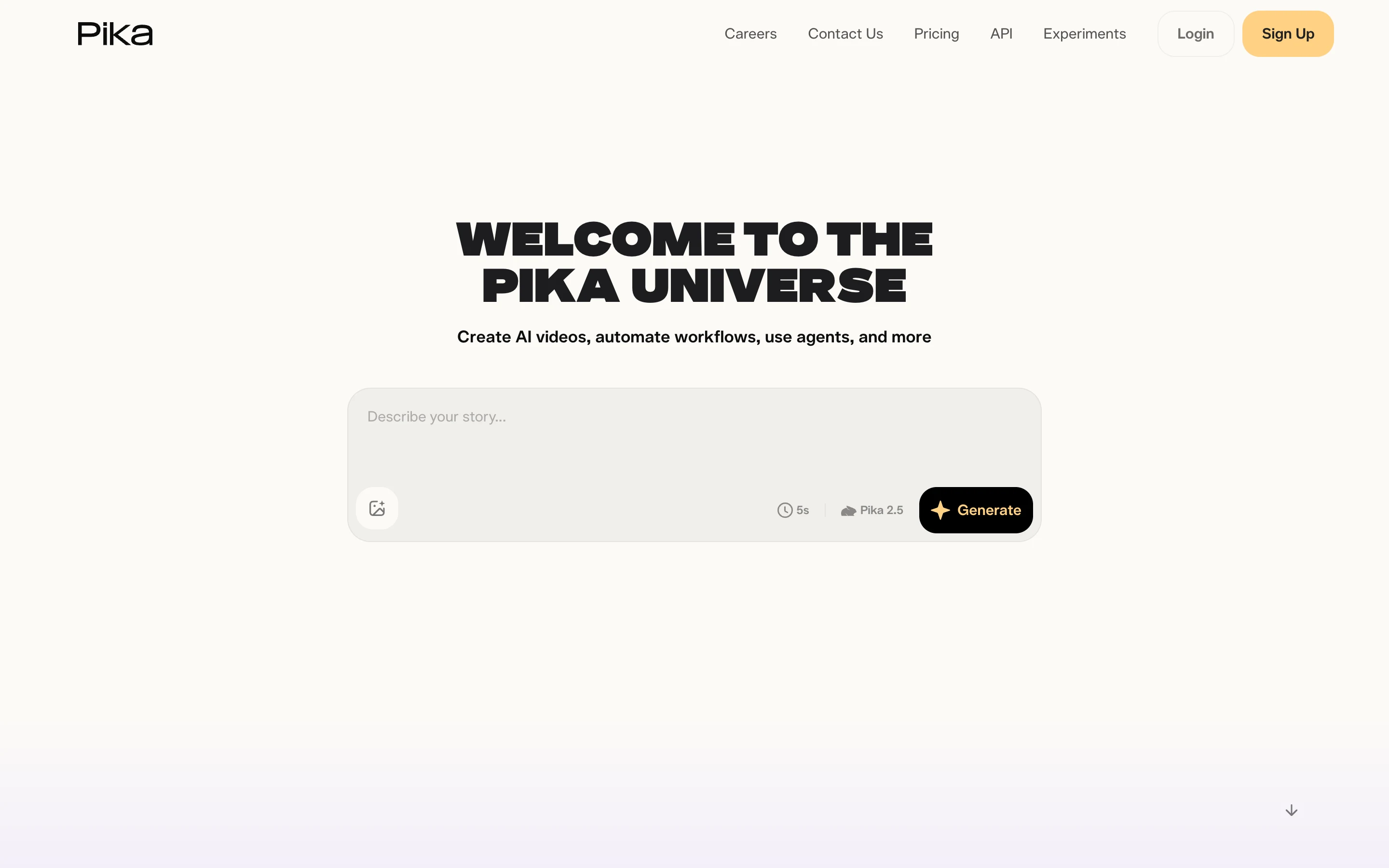 Главная Pika с полем Describe your story, бейджем Pika 2.5 и кнопкой Generate