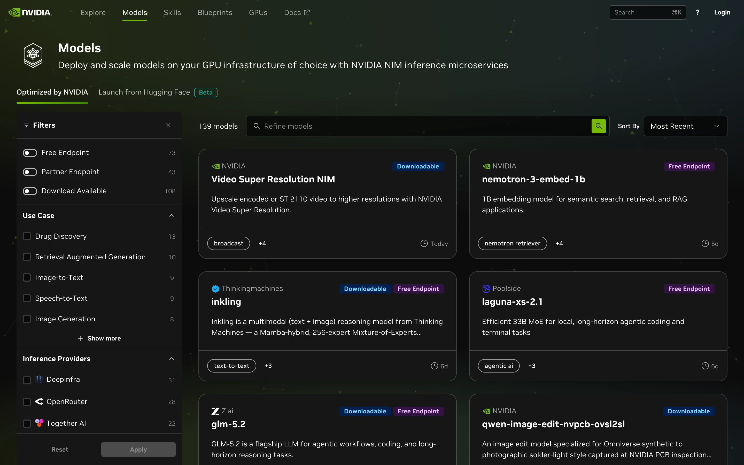 Каталог моделей на build.nvidia.com: 139 моделей, слева фильтры Free Endpoint и Use Case