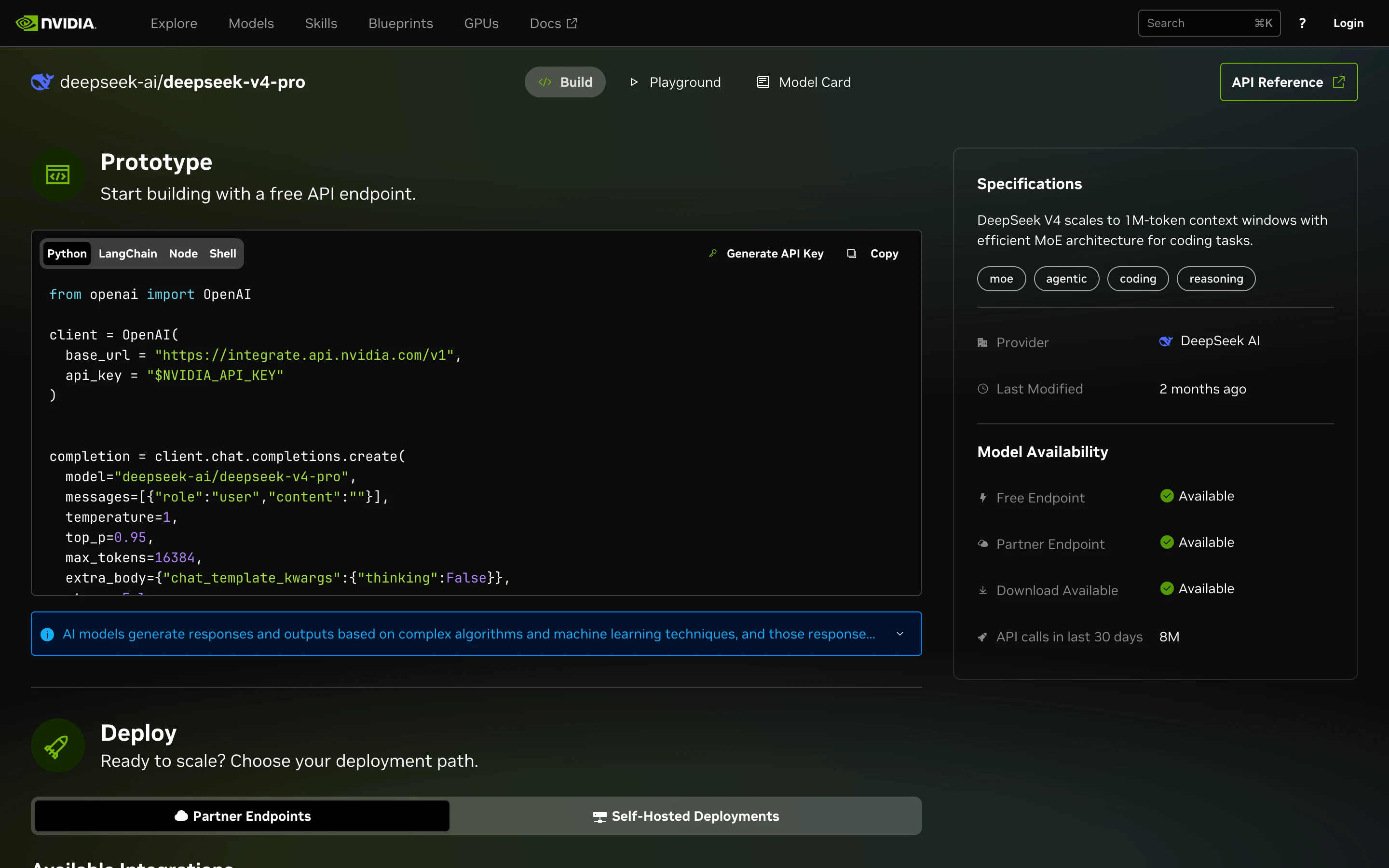 Страница модели deepseek-v4-pro на build.nvidia.com: код подключения на Python и кнопка Generate API Key