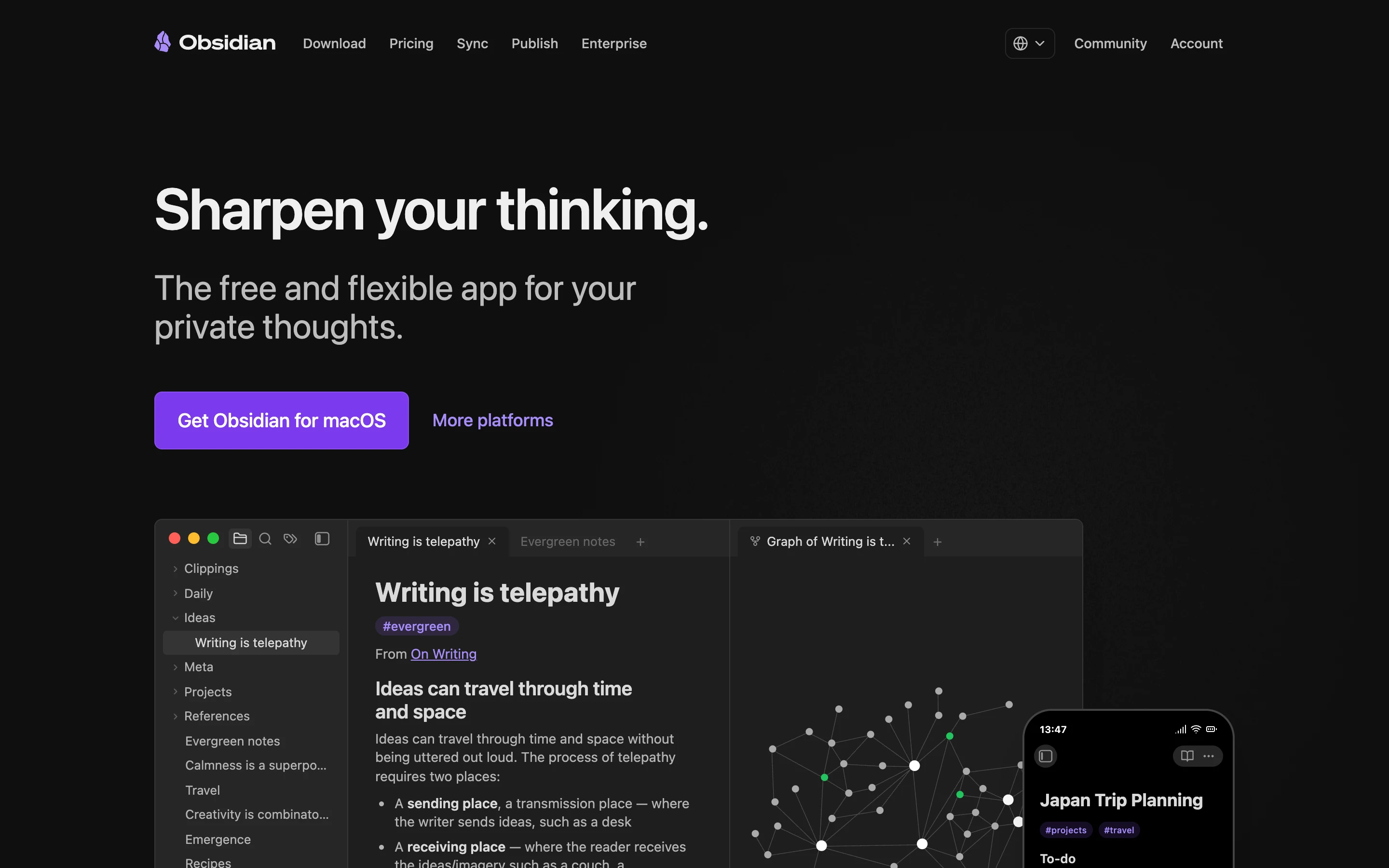 Главная страница obsidian.md: заголовок Sharpen your thinking, кнопка Get Obsidian, справа окно программы с деревом заметок и графом связей
