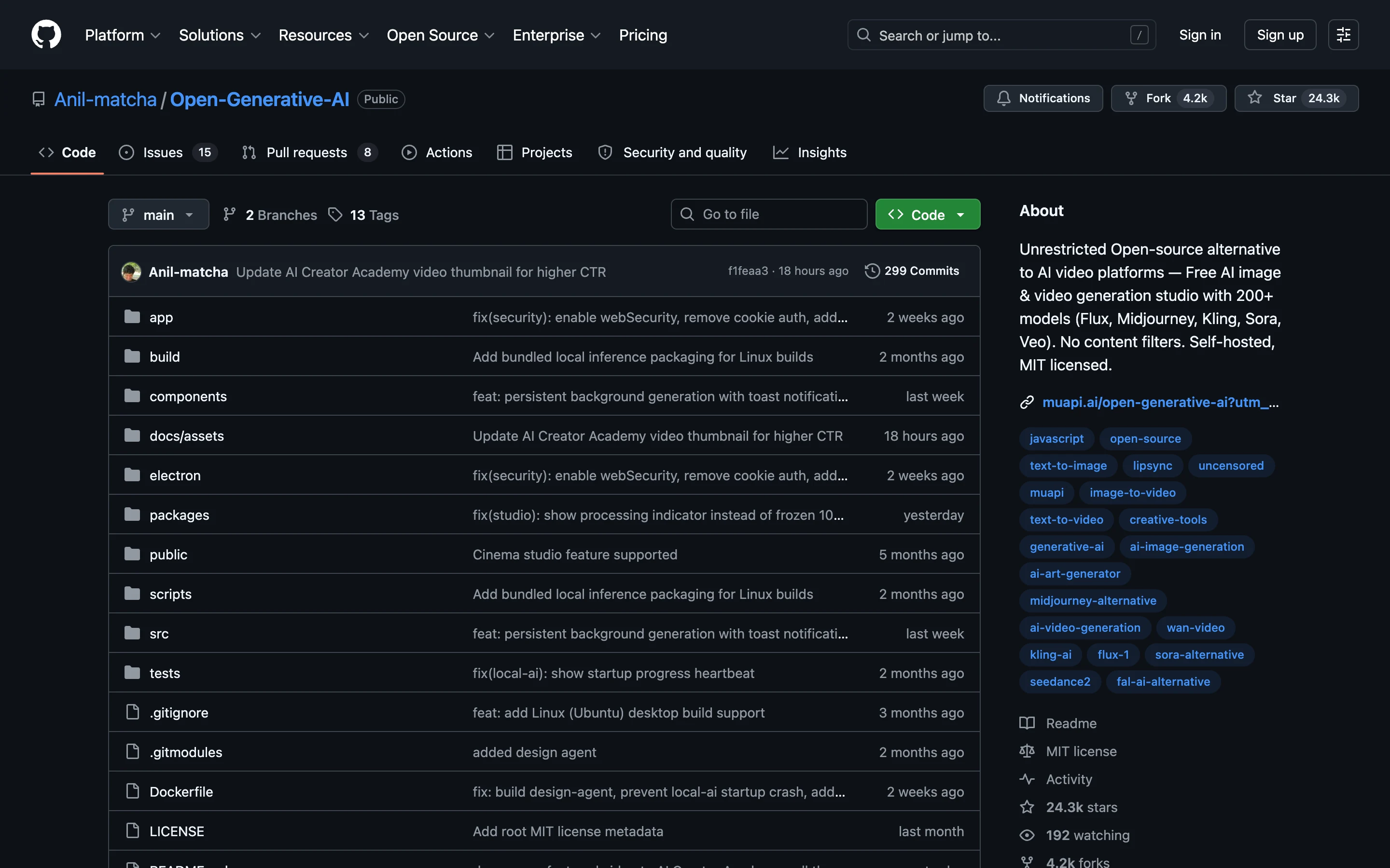 Страница репозитория Anil-matcha/Open-Generative-AI на GitHub: 24.3k звёзд, описание про 200+ моделей и MIT-лицензию, кнопка Code