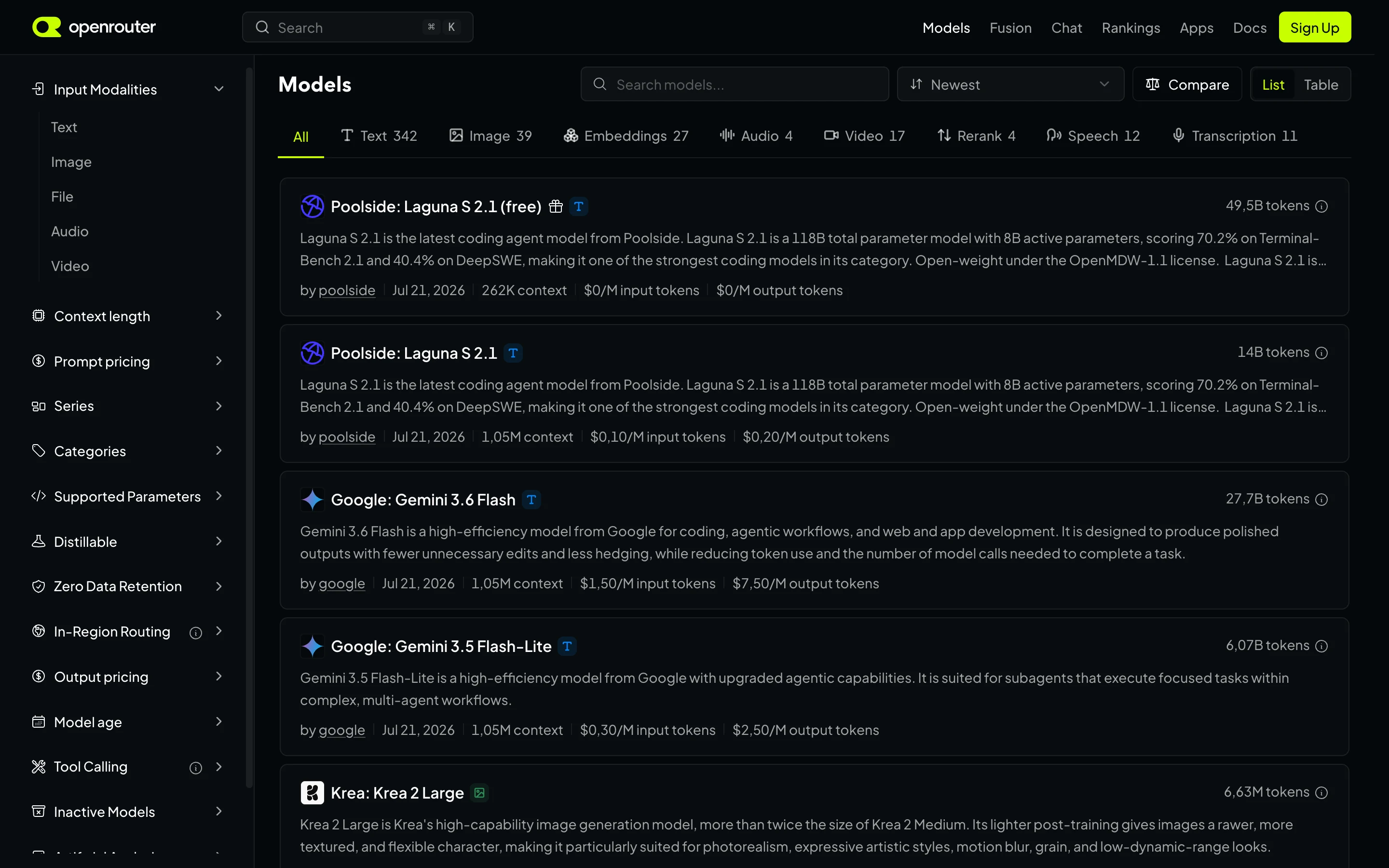 Каталог моделей на openrouter.ai: вкладки Text, Image, Video, у бесплатной модели значок подарка и цена 0 долларов за миллион токенов