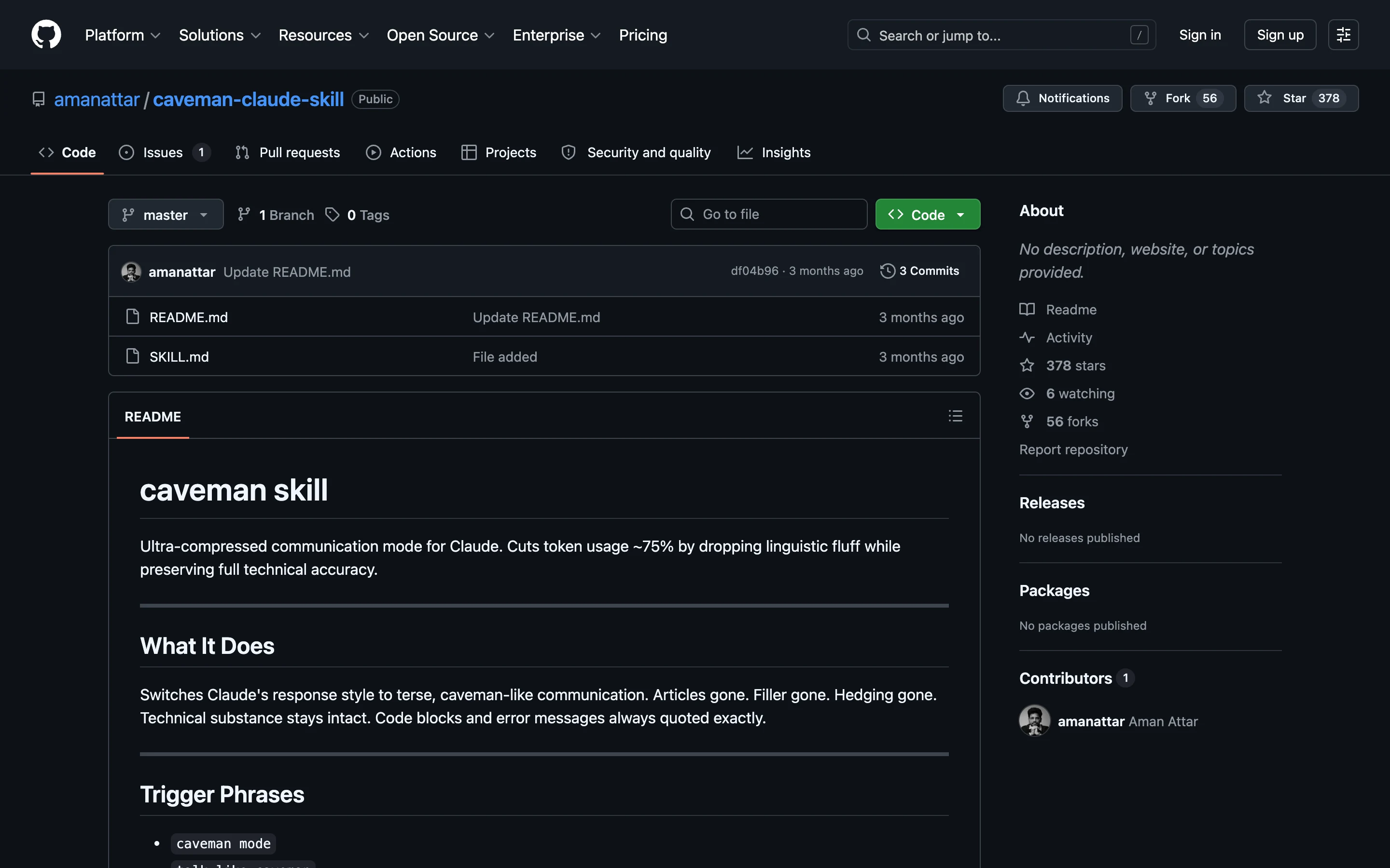 Репозиторий caveman-claude-skill на GitHub: описание про сжатие общения и файлы README.md и SKILL.md